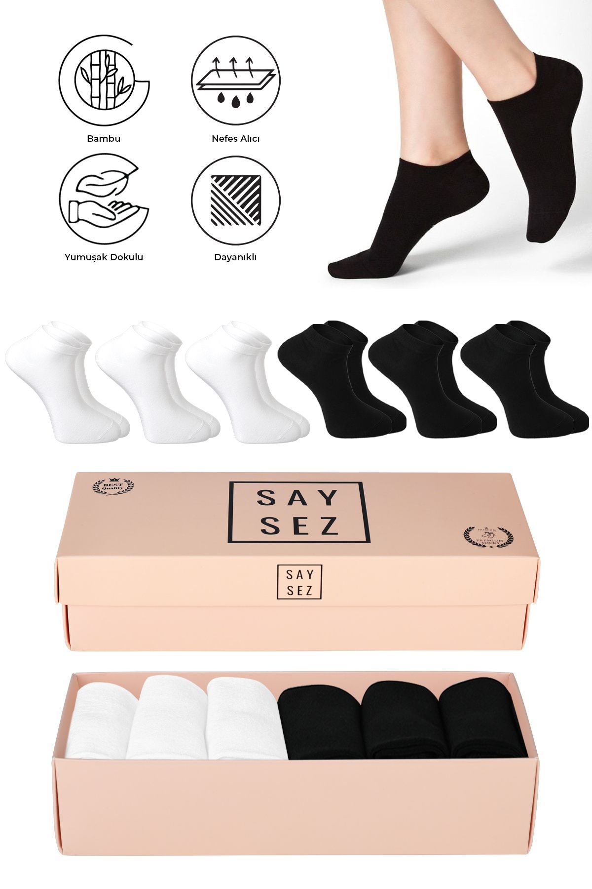 SAYSEZ Bambu Kadın Patik Düz Asorti Çorap Dikişsiz Premium Kutulu 6'lı (3 Beyaz - 3 Siyah)