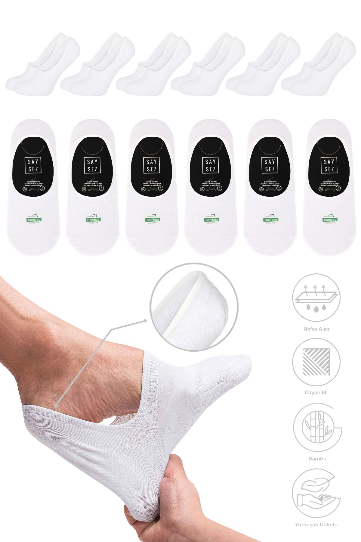 SAYSEZ Bambu Erkek Babet Beyaz Çorap Dikişsiz Görünmez Kaydırmaz Topuk Silikonlu Premium 6'lı Paket