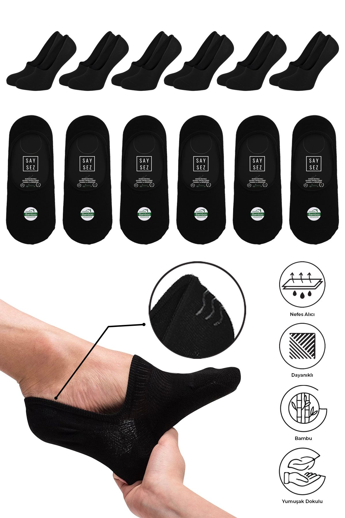 SAYSEZ Bambu Erkek Babet Siyah Çorap Dikişsiz Görünmez Kaydırmaz Topuk Silikonlu Premium 6'lı Paket