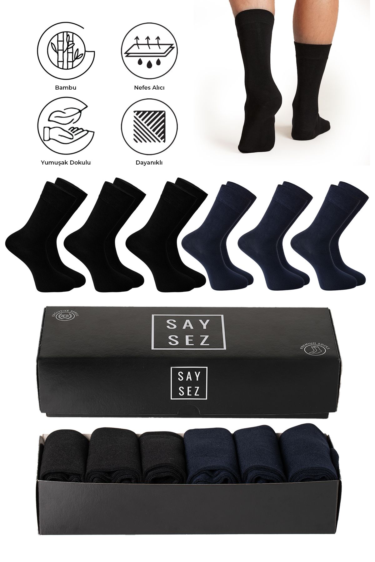 SAYSEZ Bambu Erkek Soket Uzun Düz Asorti Çorap Dikişsiz Premium Kutulu 6'lı (3 Siyah - 3 Lacivert)