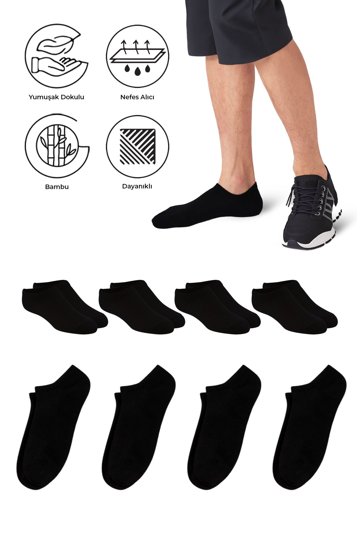 SAYSEZ Bambu Erkek Sneaker Siyah Çorap Dikişsiz Görünmez Bilekte Spor Çorap Premium 4'lü Paket