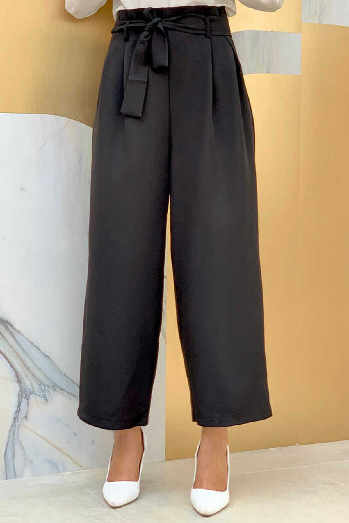 Bym Fashion Fermuarlı Bel Bağcıklı Pantolon 0174 Siyah