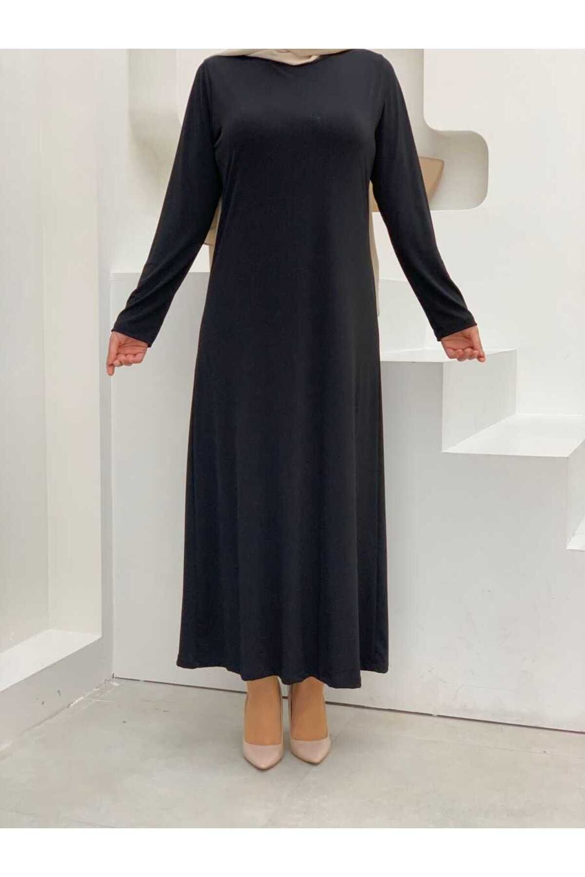 Bym Fashion Büyük Beden Düz Bisklet Yaka Uzun Kol Iç Sandy Elbise 3202-1 Siyah