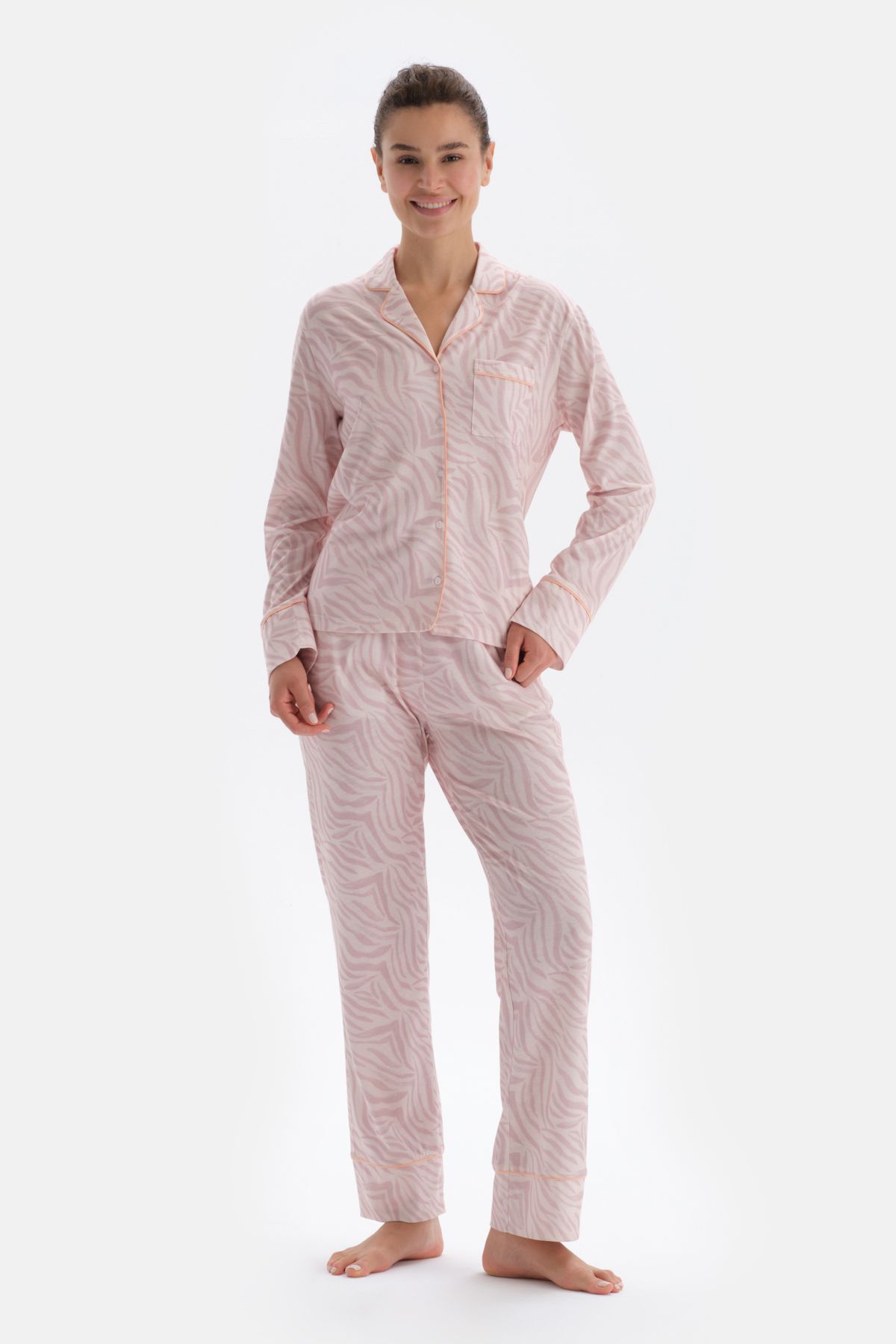 Dagi Pudra Metraj Baskılı Biye Detaylı Gömlek Pantolon Pijama Takımı