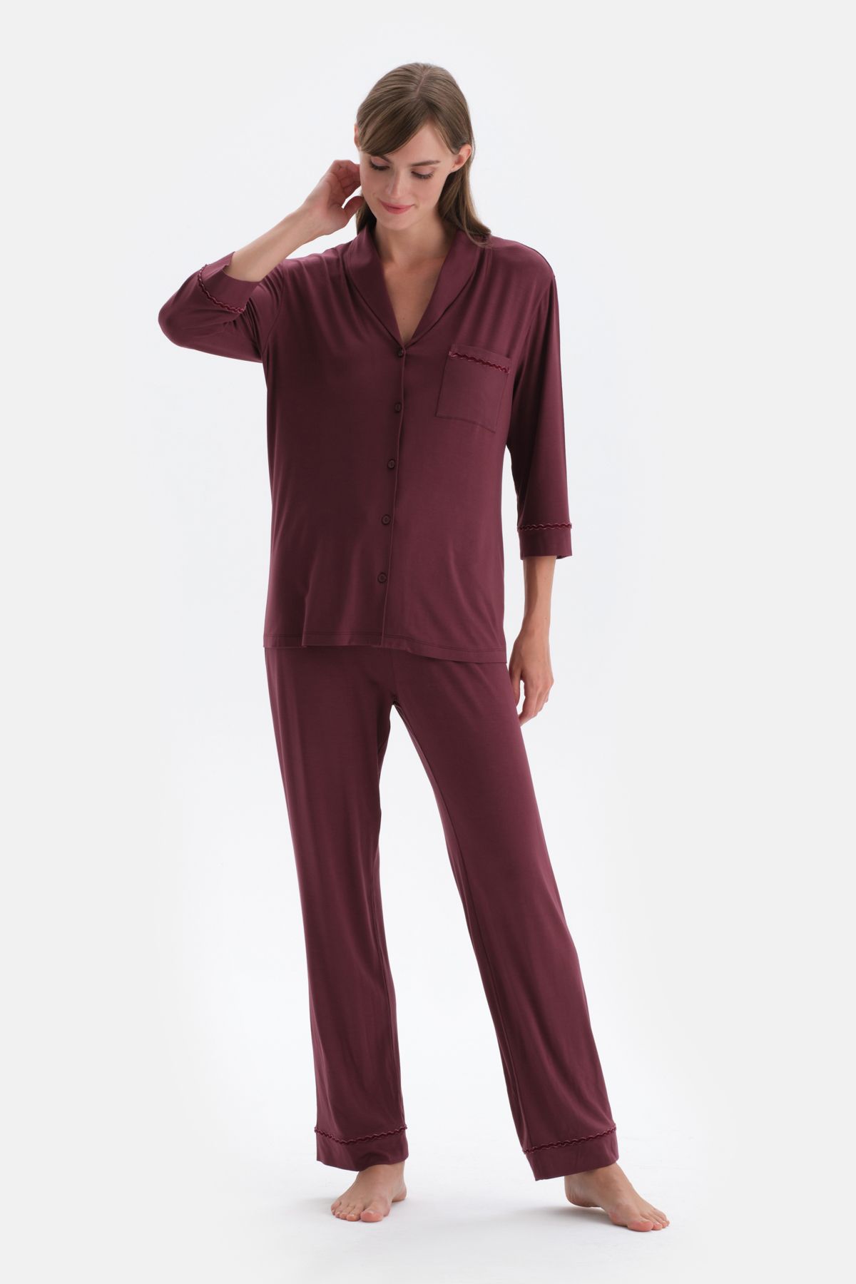 Dagi Bordo Kadife Şerit Detaylı Gömlek Pantolon Pijama Takımı