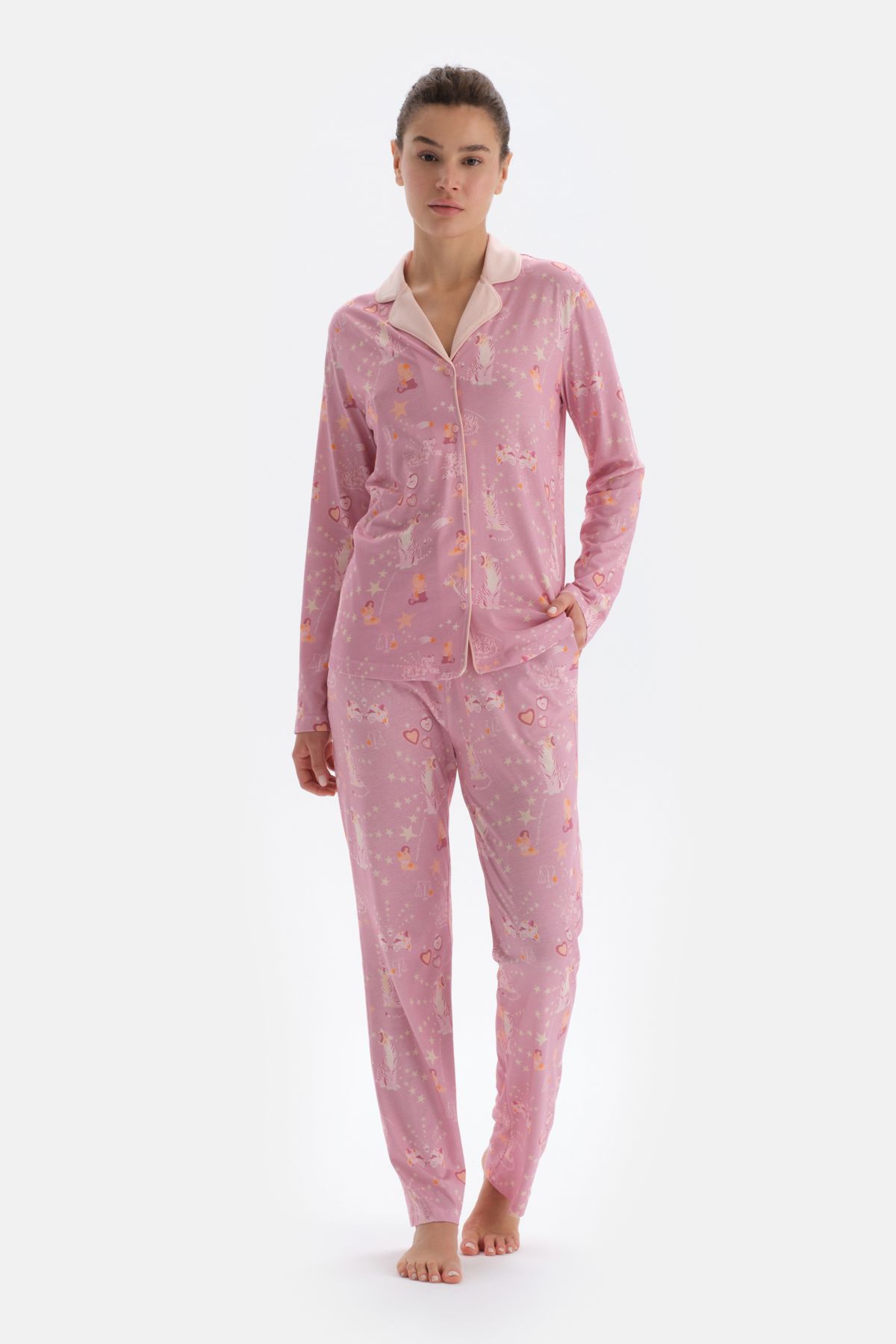 Dagi Pembe Metraj Baskılı Gömlek Pantolon Pijama Takımı
