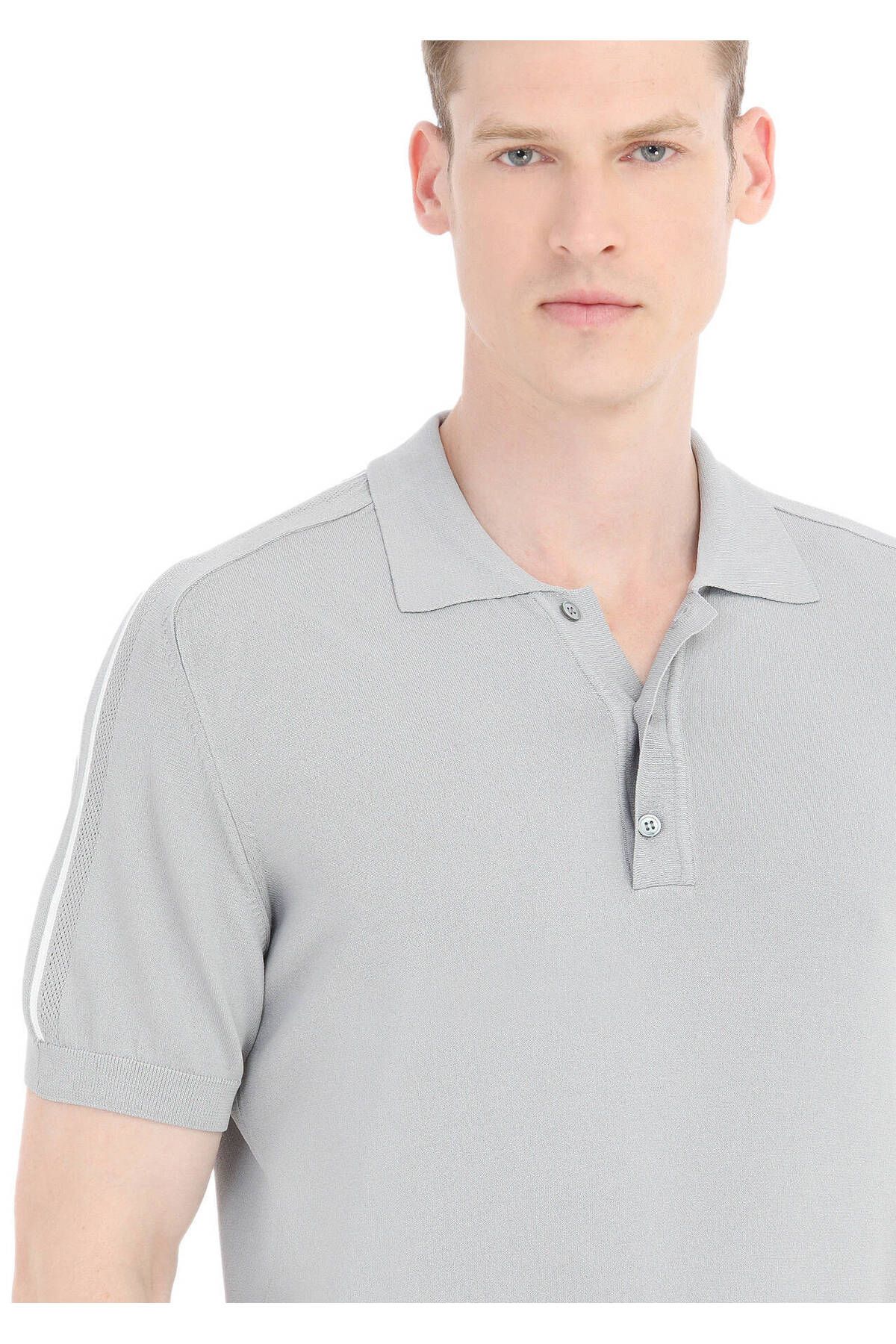 Ramsey Gri Polo Yaka Düz Örgü Triko T-Shirt