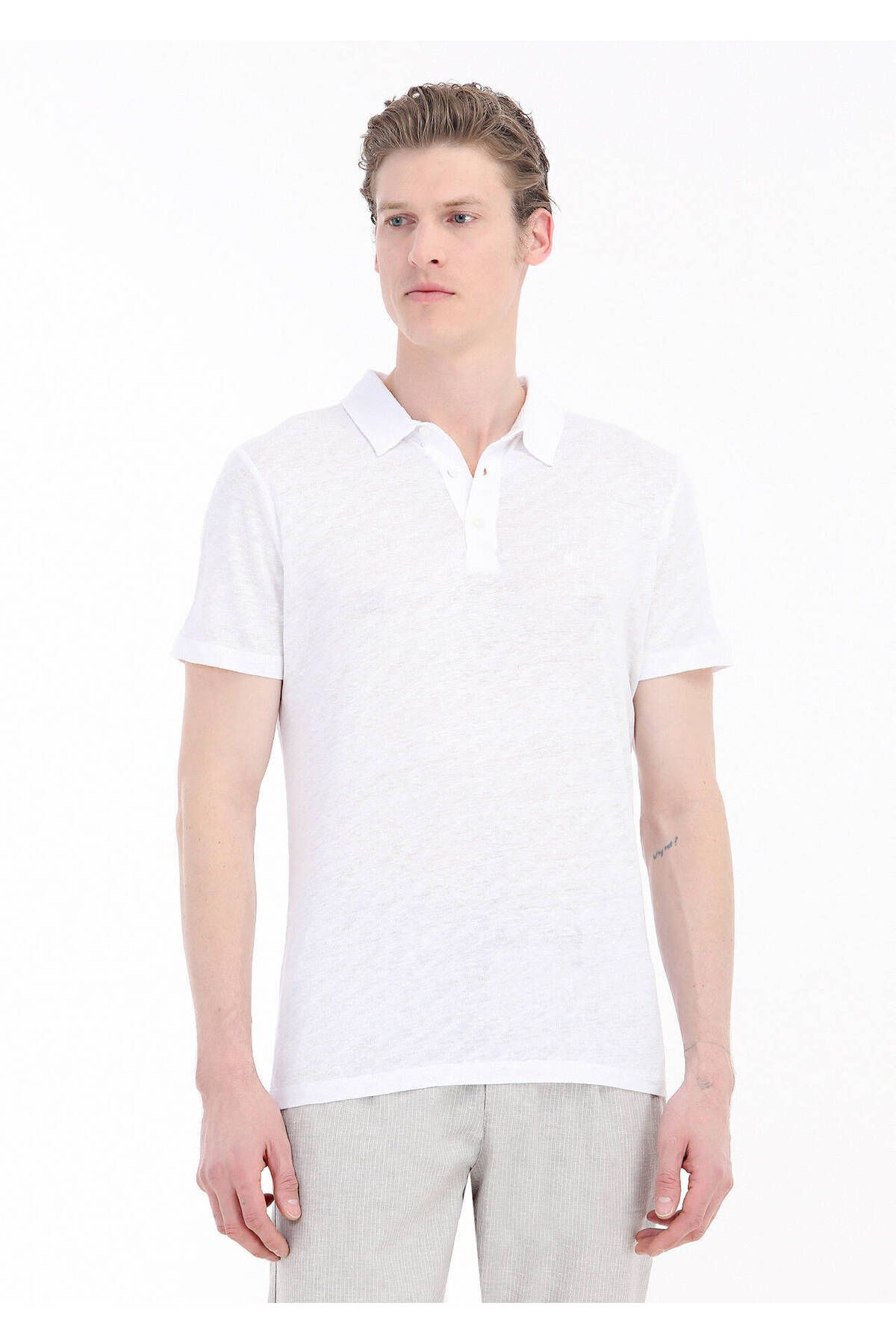 Ramsey Beyaz Düz Polo Yaka %100 Keten T-shirt