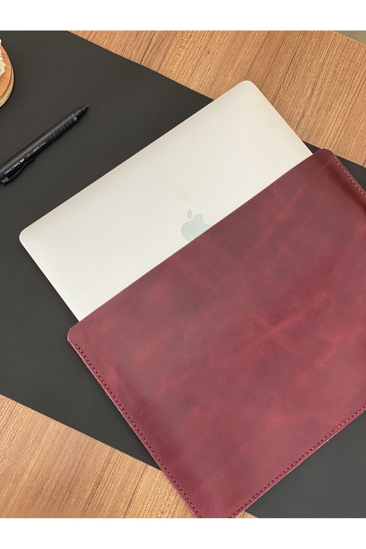 MAT Deri 13 Inç Macbook Pro Ve Air Taşıma Kılıfı Bordo Hakiki Deri El Yapımı Laptop Çantası