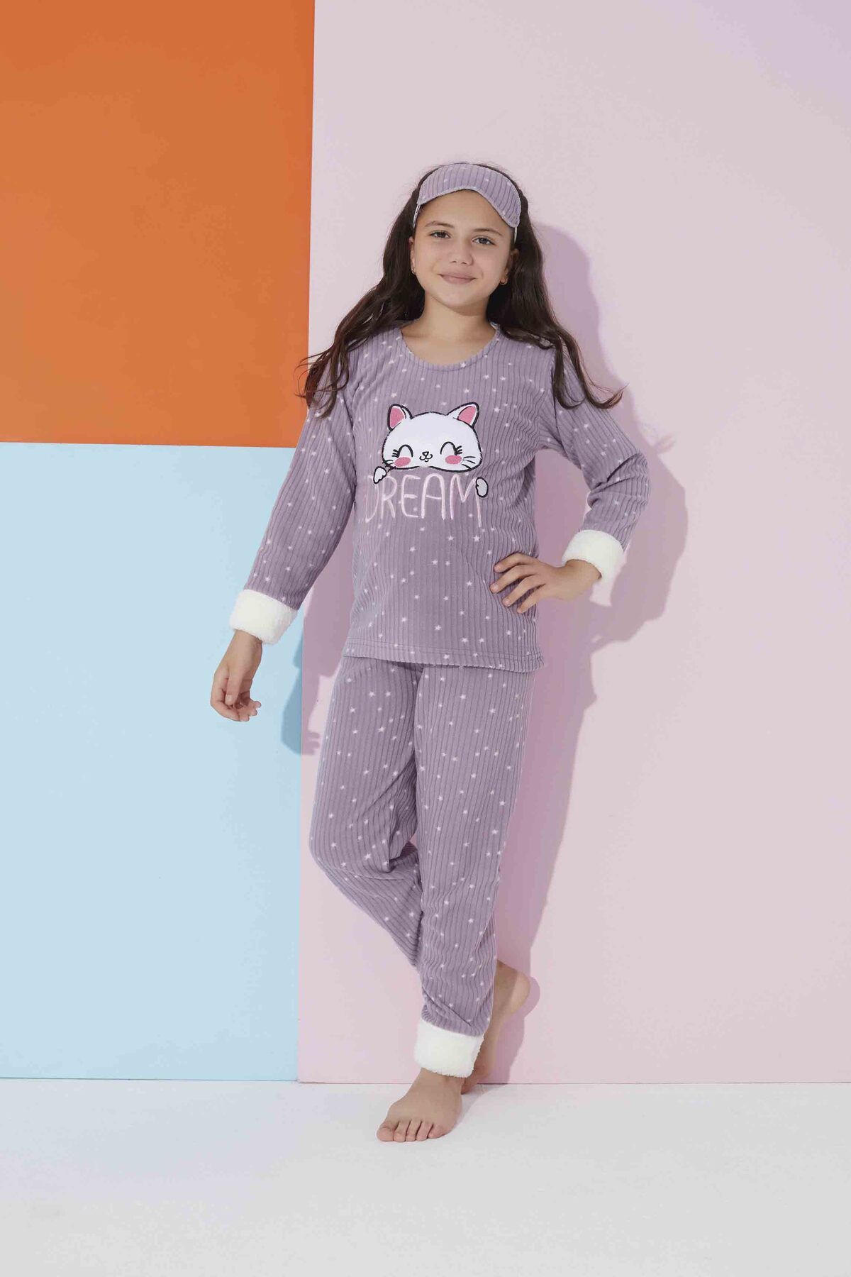 Meba Kız Çocuk Gez Boy Dream Kedi Peluş Polar Pijama Takımı Uyku Bandı Hediyeli