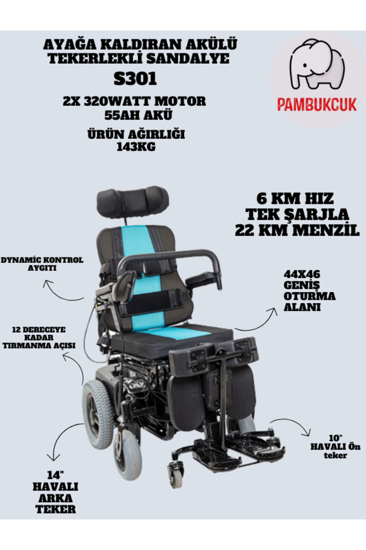 pambukcuk Multi Fonksiyonel Ayağa Kaldıran Akülü Tekerlekli Sandalye S301