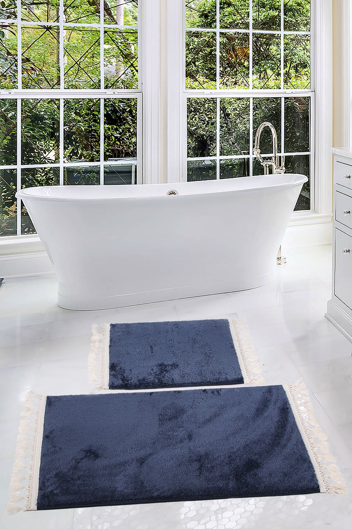 Bonny Home Relax Lacivert 60x100 + 50x60 cm 2'li Köşeli Ponpon Saçaklı Banyo Halısı Paspası Seti Kaymaz Tabanlı