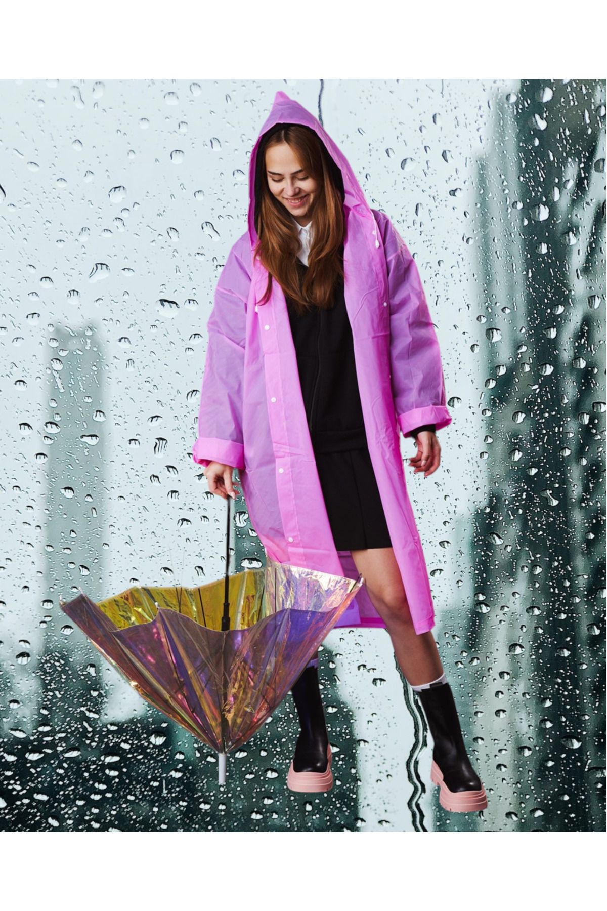 Shopiolog Kadın Erkek Unisex Yağmurluk Kapüşonlu Çıtçıtlı Eva Siyah Yağmurluk