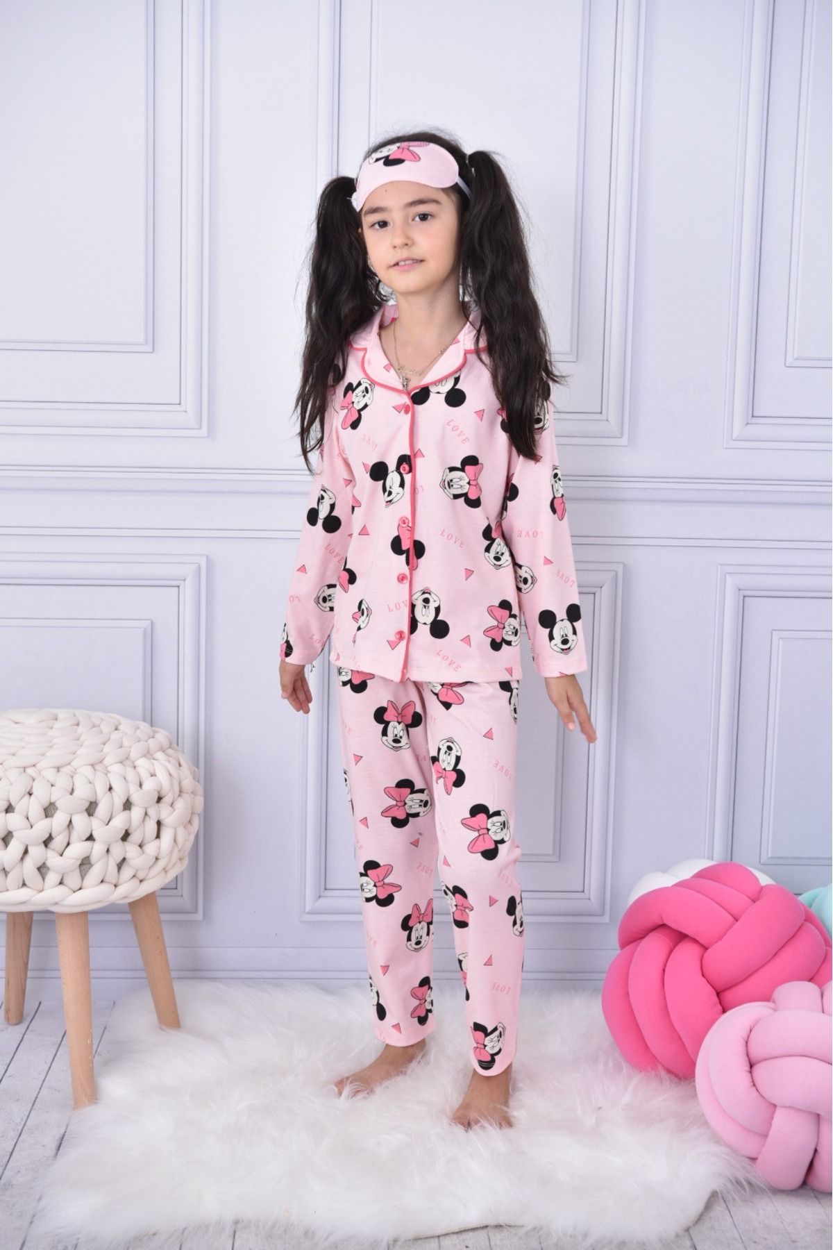 ARCAN Kız Çocuk Pembe Kız Pijama Takımı Ve Göz Bandı