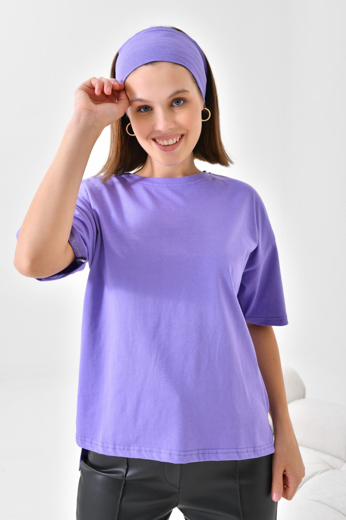 mirach %100 Pamuk Tişört Kısa Kollu Düz Model Kadın T-shirt Pamuklu Tişört Lavanta (BANDANA HEDİYELİ)