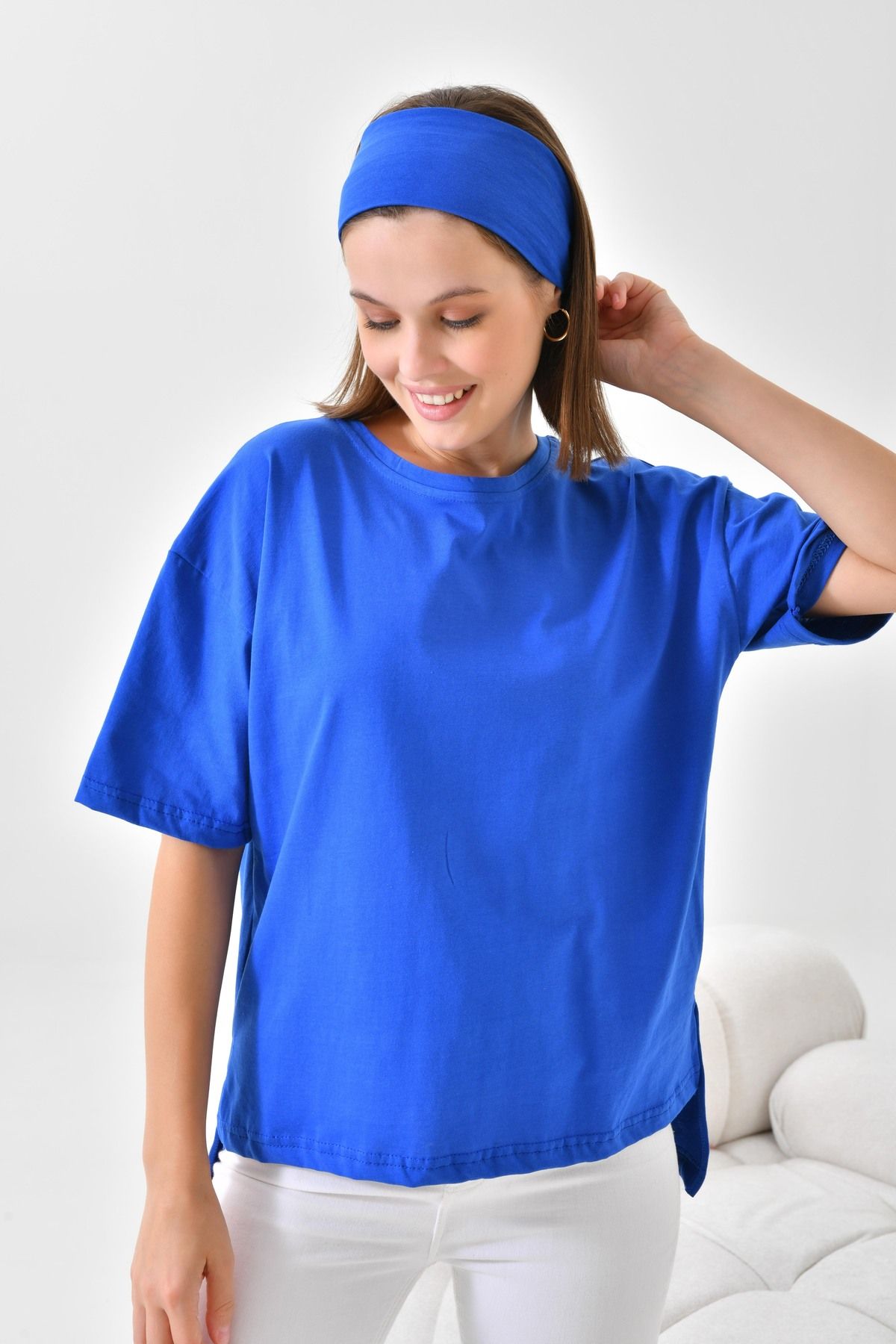 mirach %100 Pamuk Tişört Kısa Kollu Düz Model Kadın T-shirt Pamuklu Tişört Saks Mavi (BANDANA HEDİYELİ)