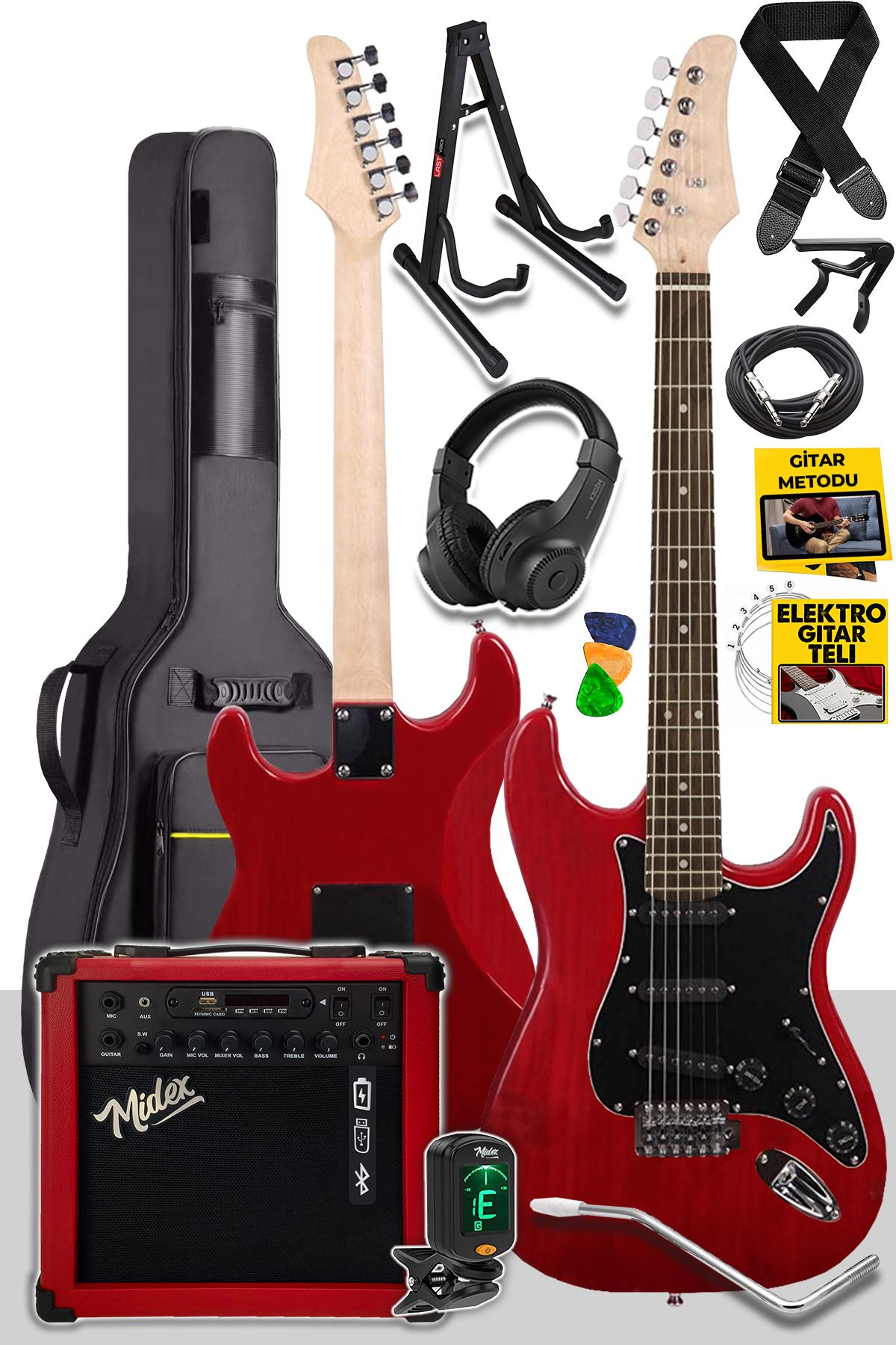 Midex Rph30rd-25amp Red Elektro Gitar Seti 25 Watt Gain'li Şarjlı Amfi Ve Full Set