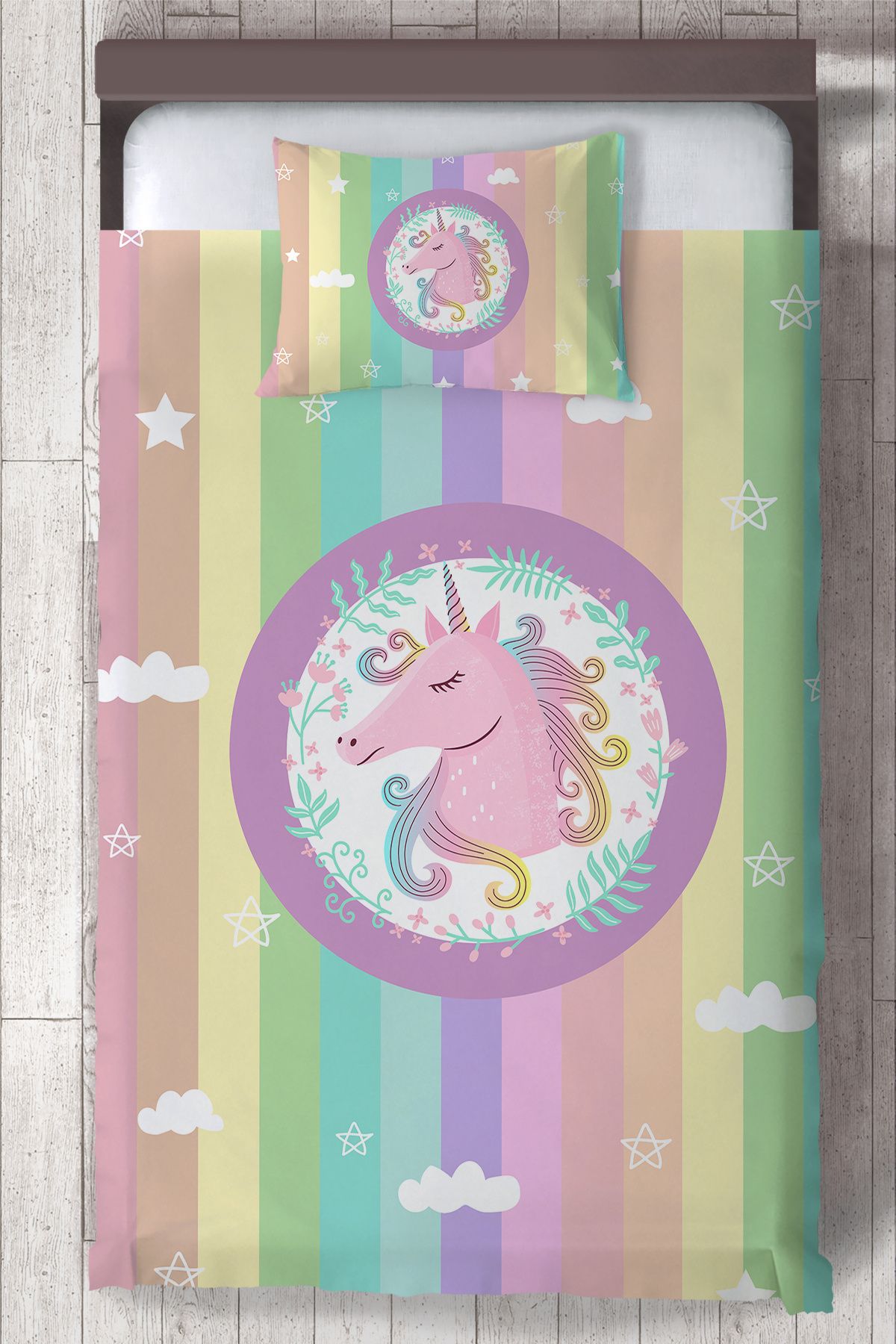 Chiron Baby Bebek Ve Çocuk Odası Renkli Unicorn Organik Boyalı, Renkli Yatak Örtüsü Seti Toplam 2 Parça