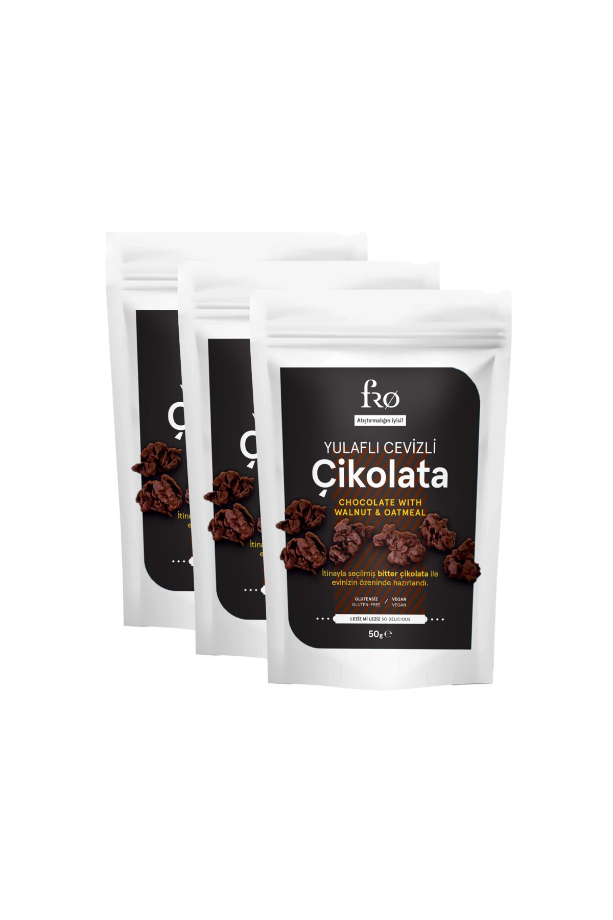 FRO 3'lü Paket Yulaflı Cevizli Çikolata Vegan Glutensiz Şekersiz Sağlıklı Atıştırmalık 3x50gr