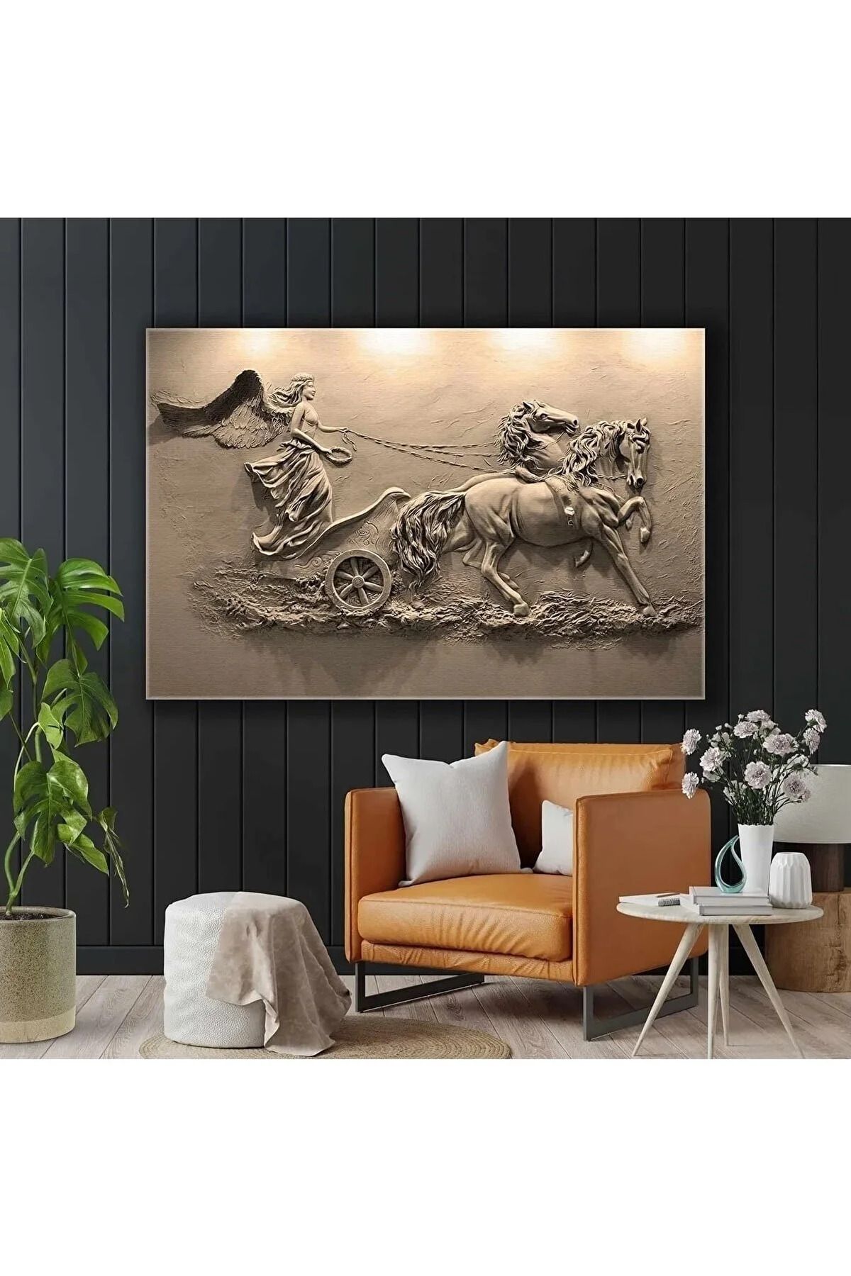 Genel Markalar At Arabası Süren Kanatlı Melek Sepya Hermes Tanrı Duvar Rölyef Heykel Kanvas Tablo