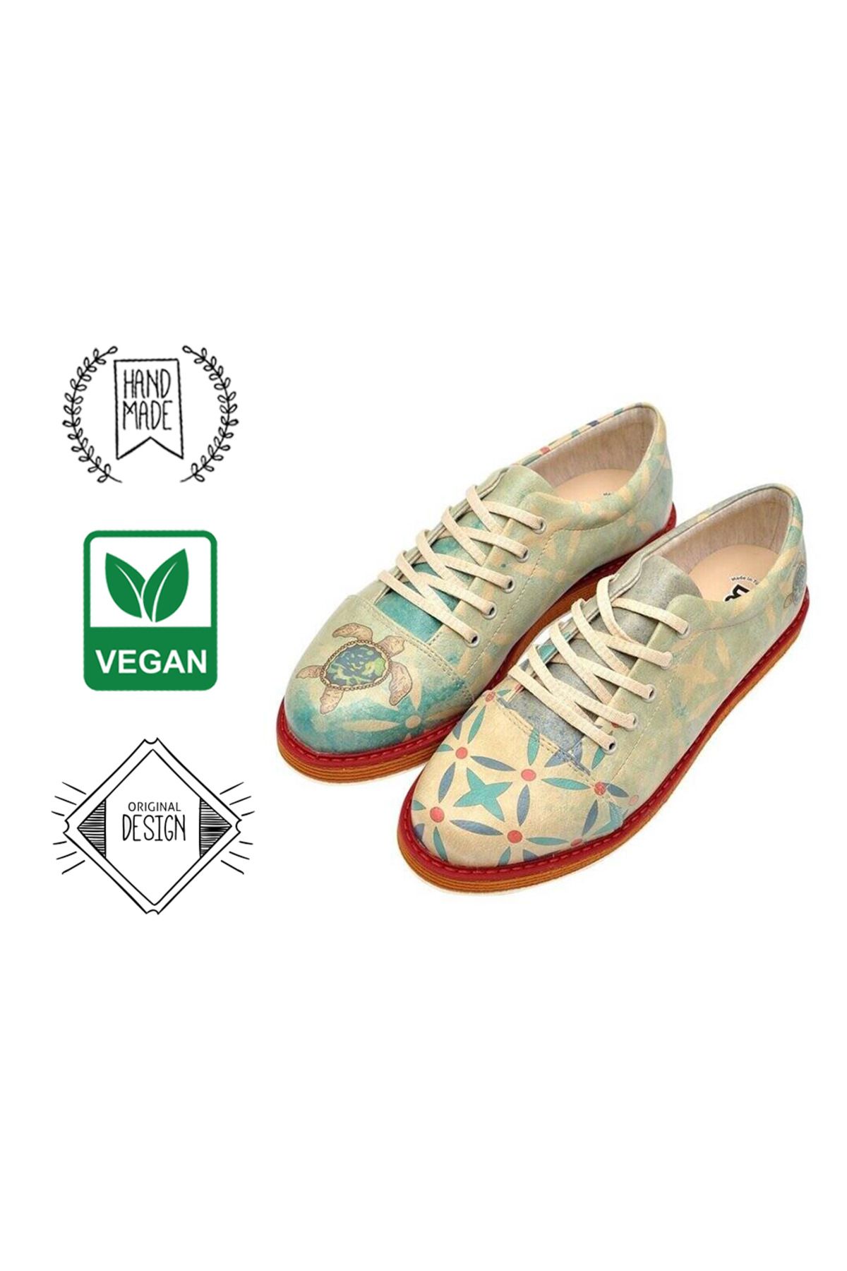 Hoppoco Caretta Caretta Desenli Vintage Kadın Vegan Sneakers Günlük Ayakkabı