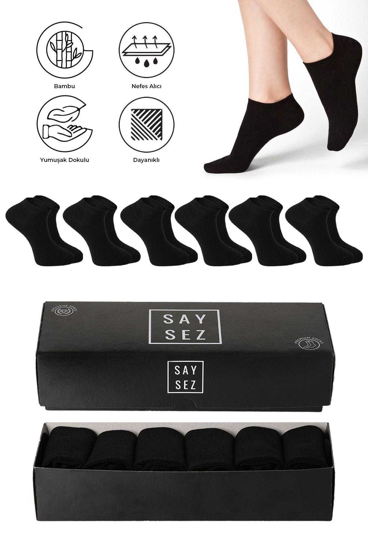 SAYSEZ Bambu Erkek Patik Düz Siyah Çorap Dikişsiz Premium Kutulu 6'lı