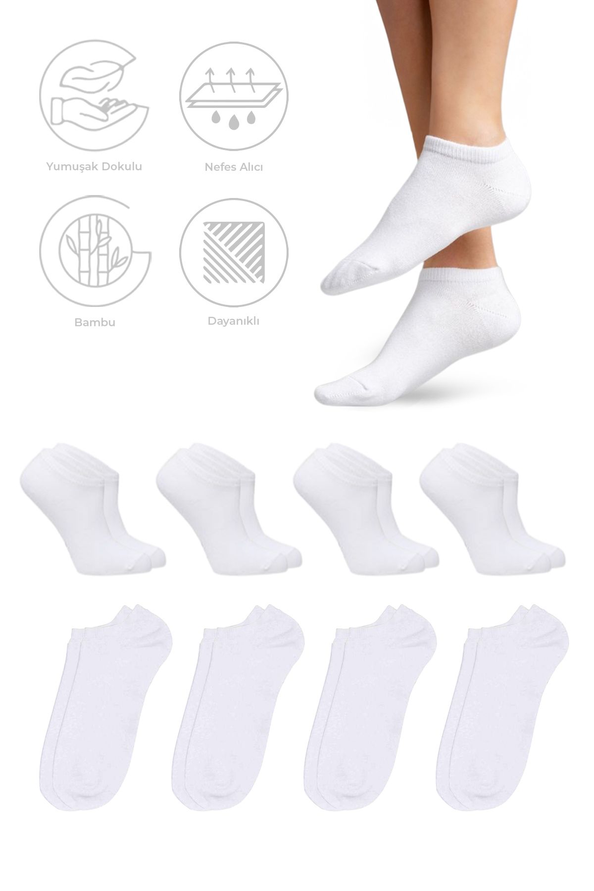 SAYSEZ Bambu Erkek Sneaker Beyaz Çorap Dikişsiz Görünmez Bilekte Spor Çorap Premium 4'lü Paket