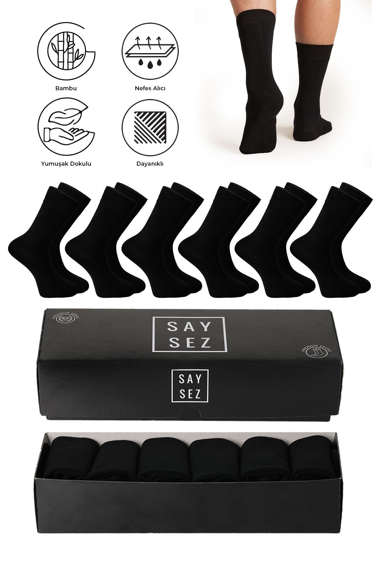 SAYSEZ Bambu Erkek Soket Uzun Düz Siyah Çorap Dikişsiz Premium Kutulu 6'lı