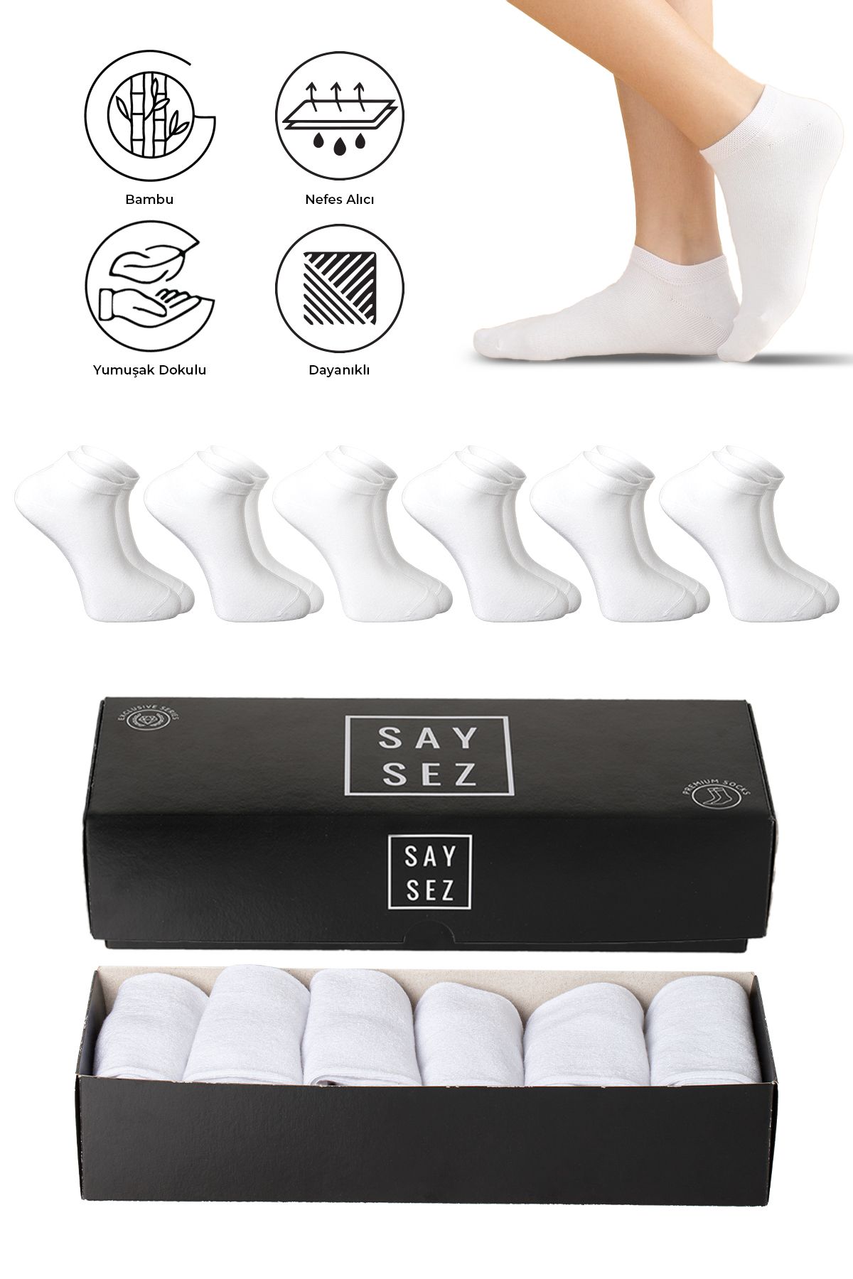 SAYSEZ Bambu Erkek Patik Düz Beyaz Çorap Dikişsiz Premium Kutulu 6'lı