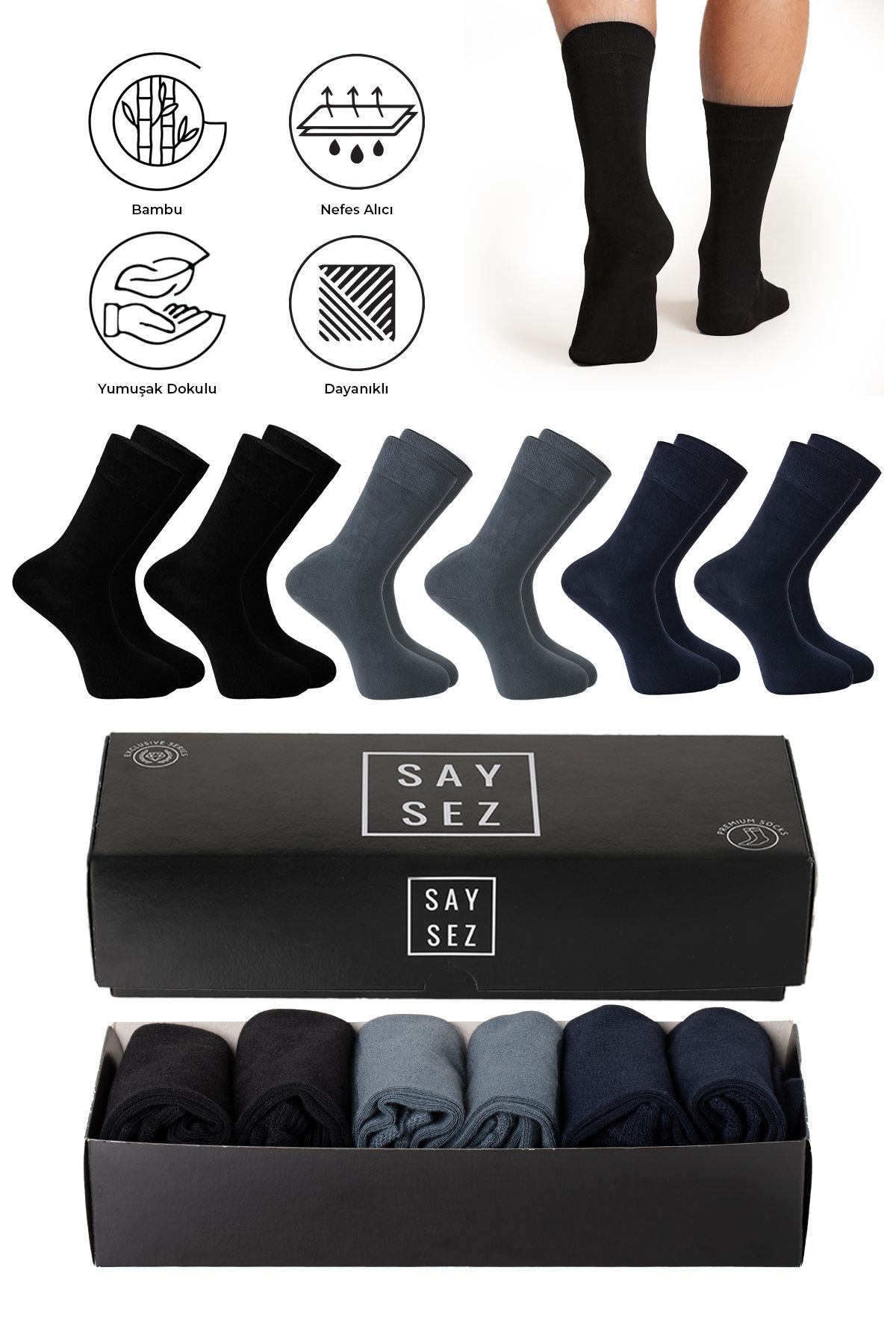 SAYSEZ Bambu Erkek Soket Uzun Düz Asorti Çorap Dikişsiz Premium Kutulu 6'lı (2 Siyah - 2 Lacivert - 2 Füme)