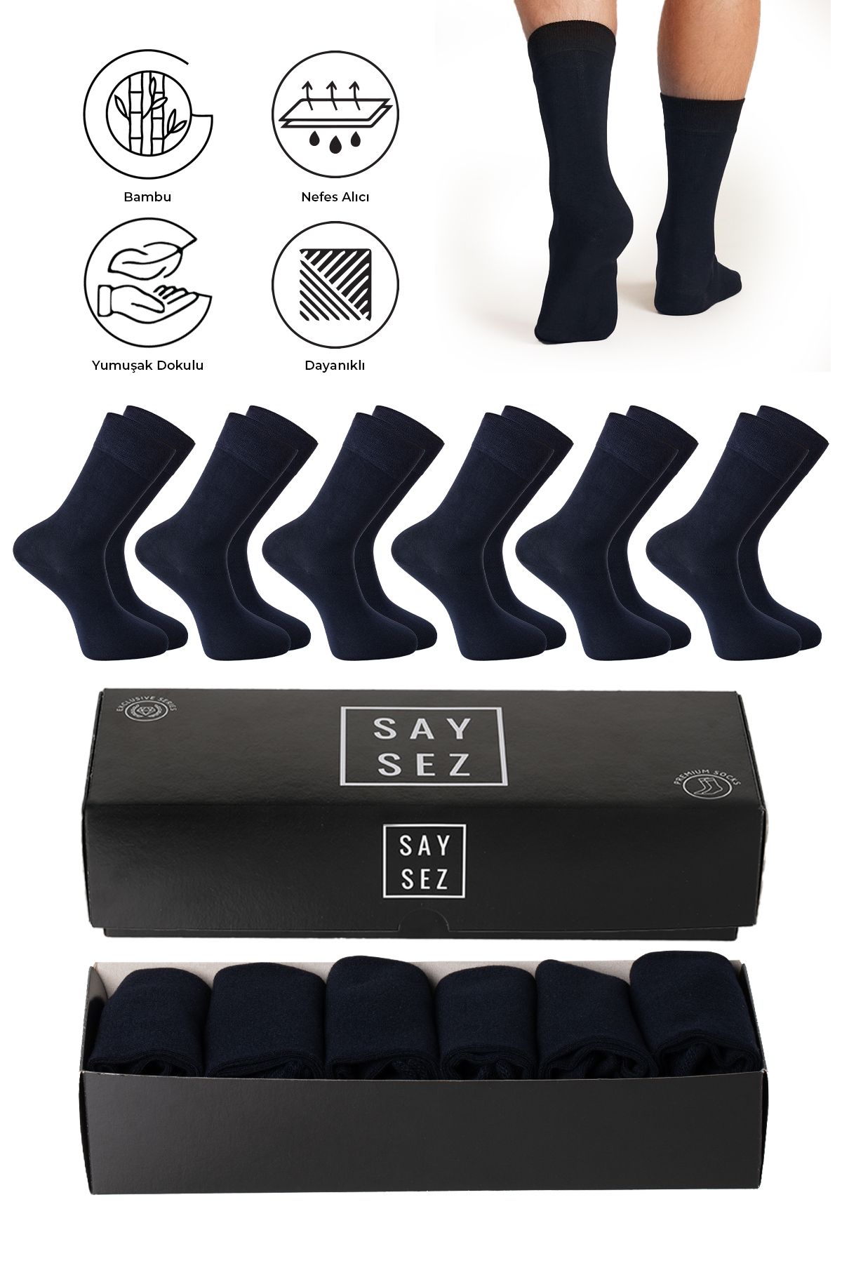 SAYSEZ Bambu Erkek Soket Uzun Düz Lacivert Çorap Dikişsiz Premium Kutulu 6'lı