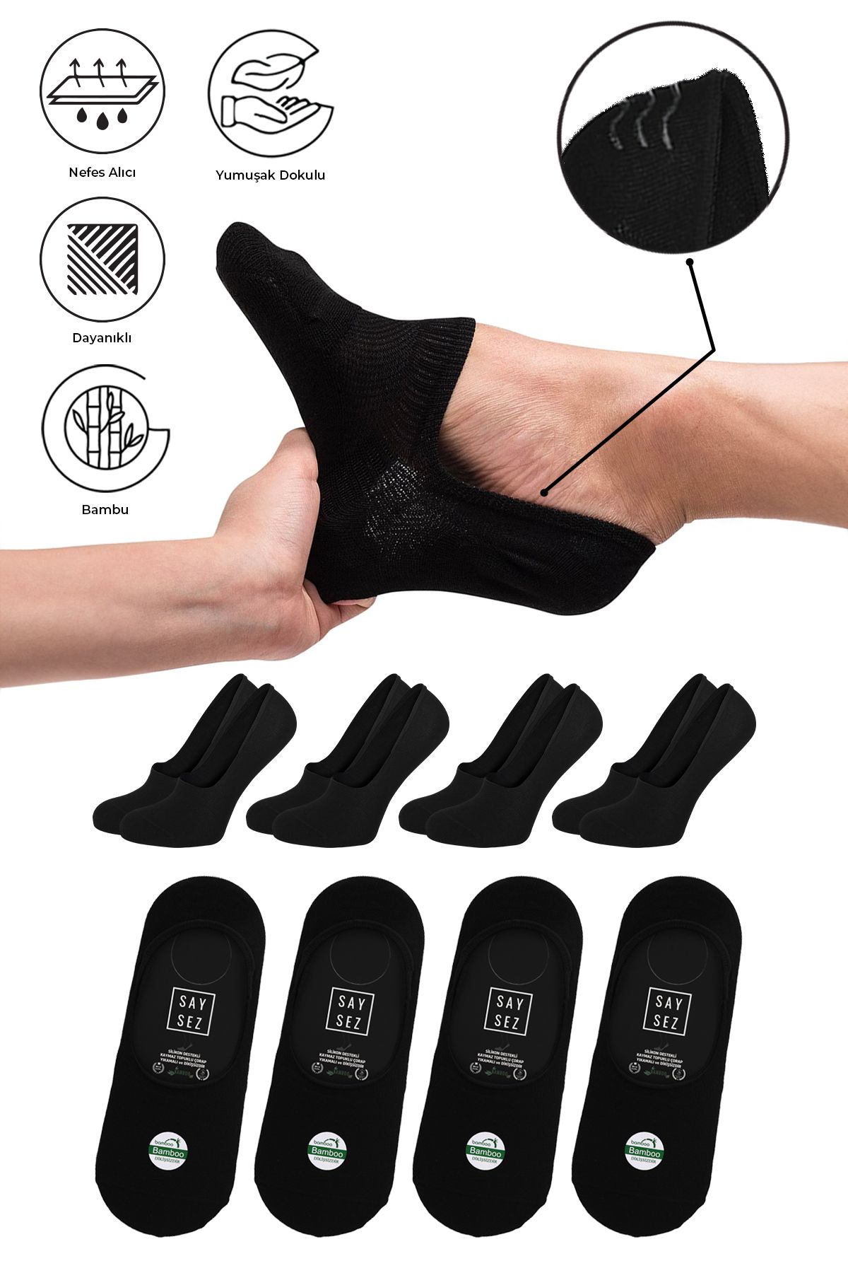 SAYSEZ Bambu Erkek Babet Siyah Çorap Dikişsiz Görünmez Kaydırmaz Topuk Silikonlu Premium 4'lü Paket