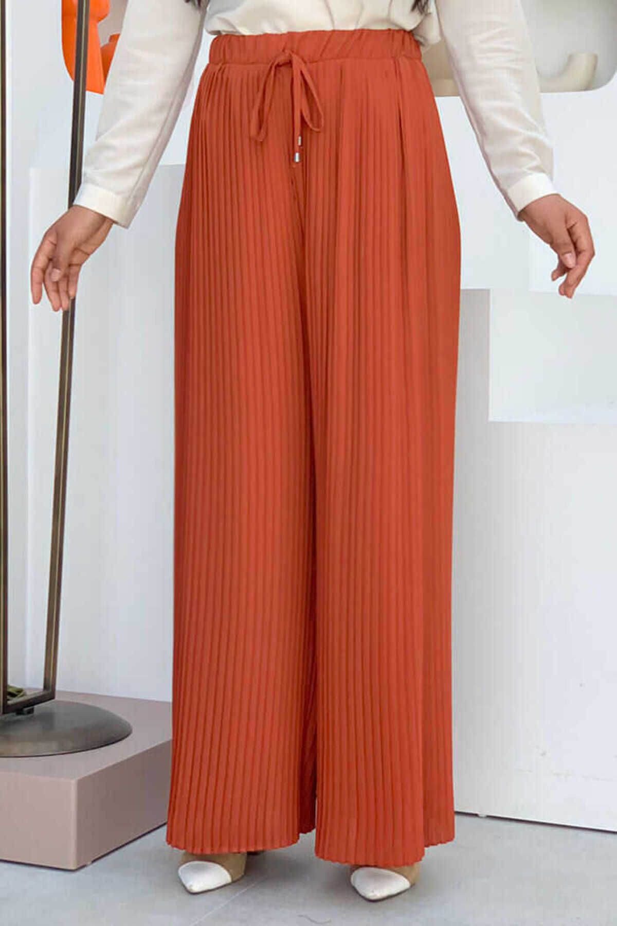 Bym Fashion Bel Lastikli Bağcık Görünümlü Piliseli Pantolon 0129 Kiremit
