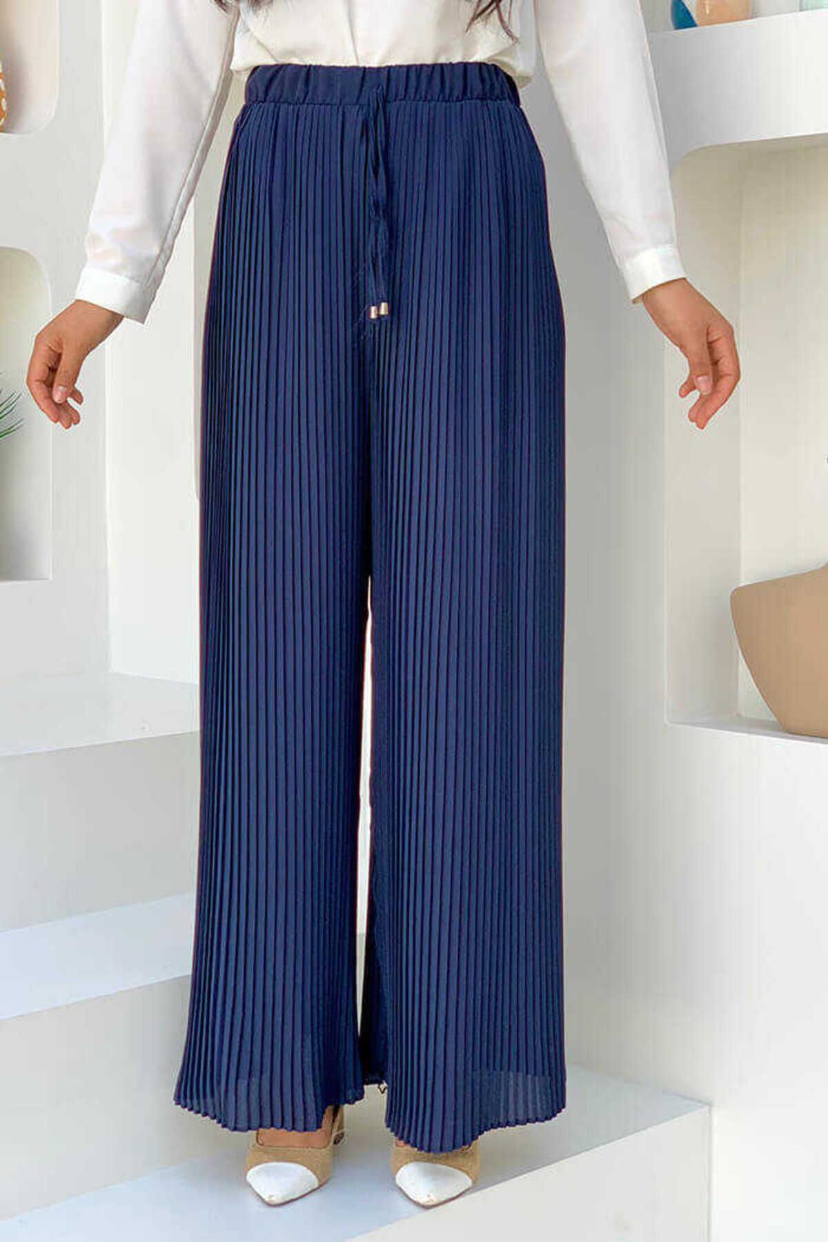 Bym Fashion Bel Lastikli Bağcık Görünümlü Piliseli Pantolon 0129 Lacivert