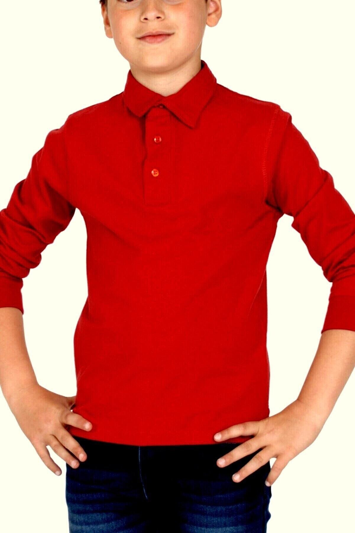 NZY Tekstil Kırmızı Polo Yaka Uzun Kol Çocuk Genç Okul Tişört