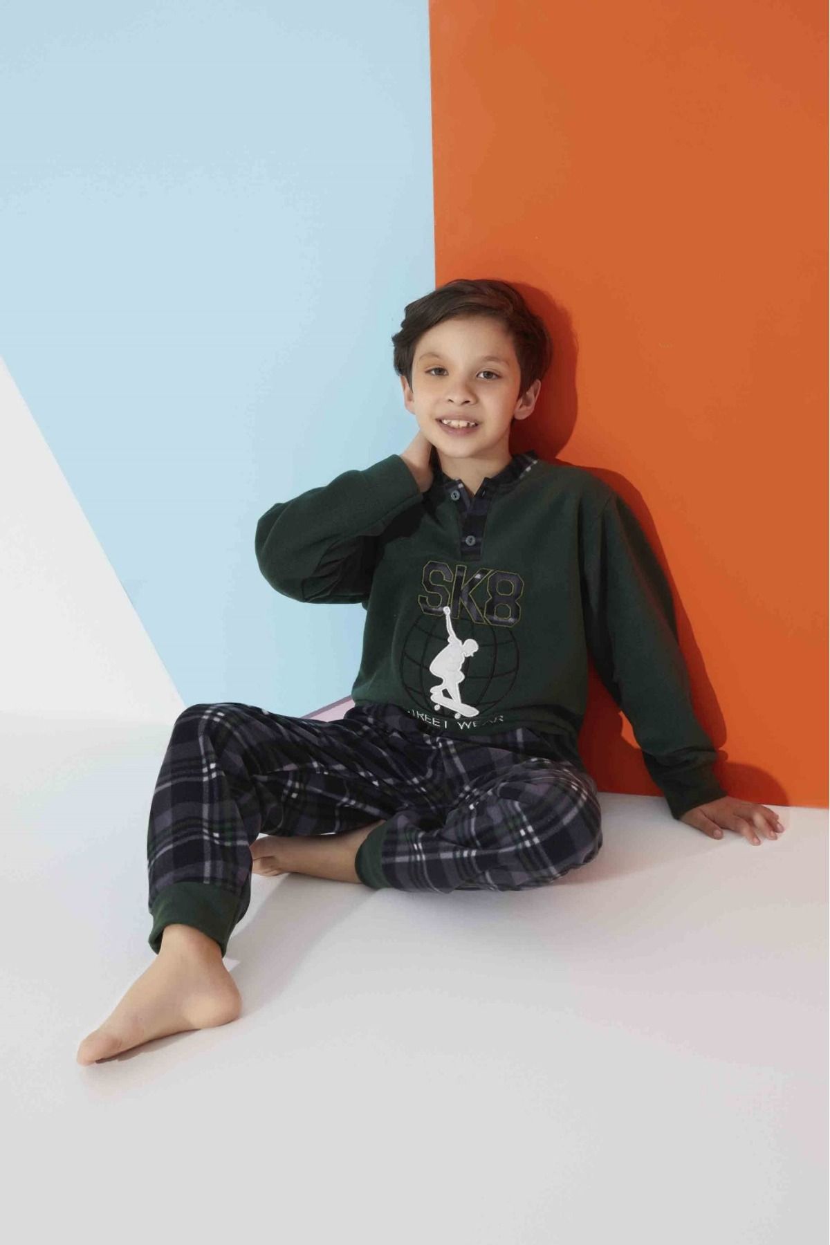 Meba Erkek Çocuk Boy Yaka Iki Düğmeli Manşetli Haki Polar Pijama Takımı
