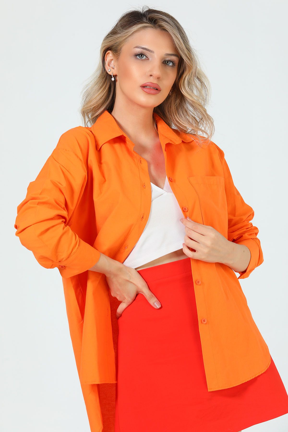 Julude Orange Kadın Oversize Tek Cepli Gömlek