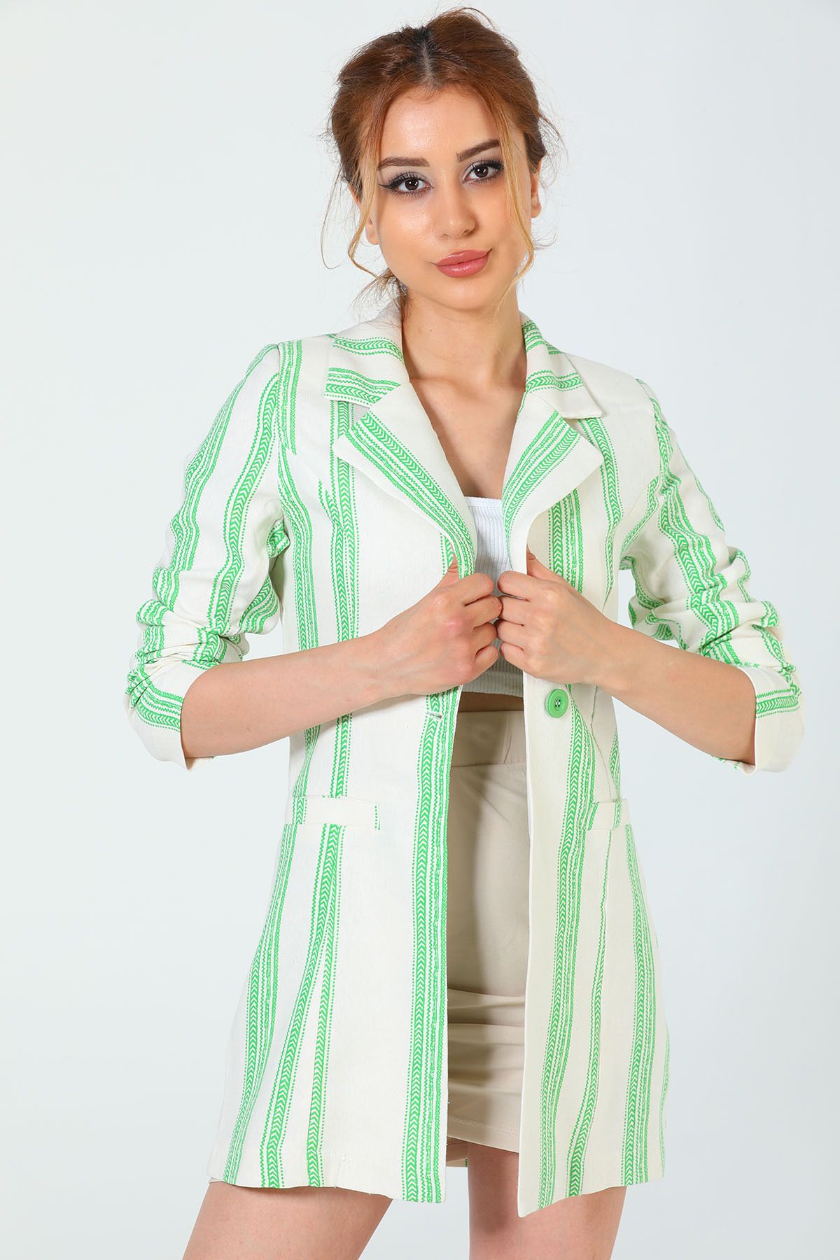 Julude Kremyeşil Kadın Çizgi Desenli Sahte Cep Detaylı Blazer Ceket