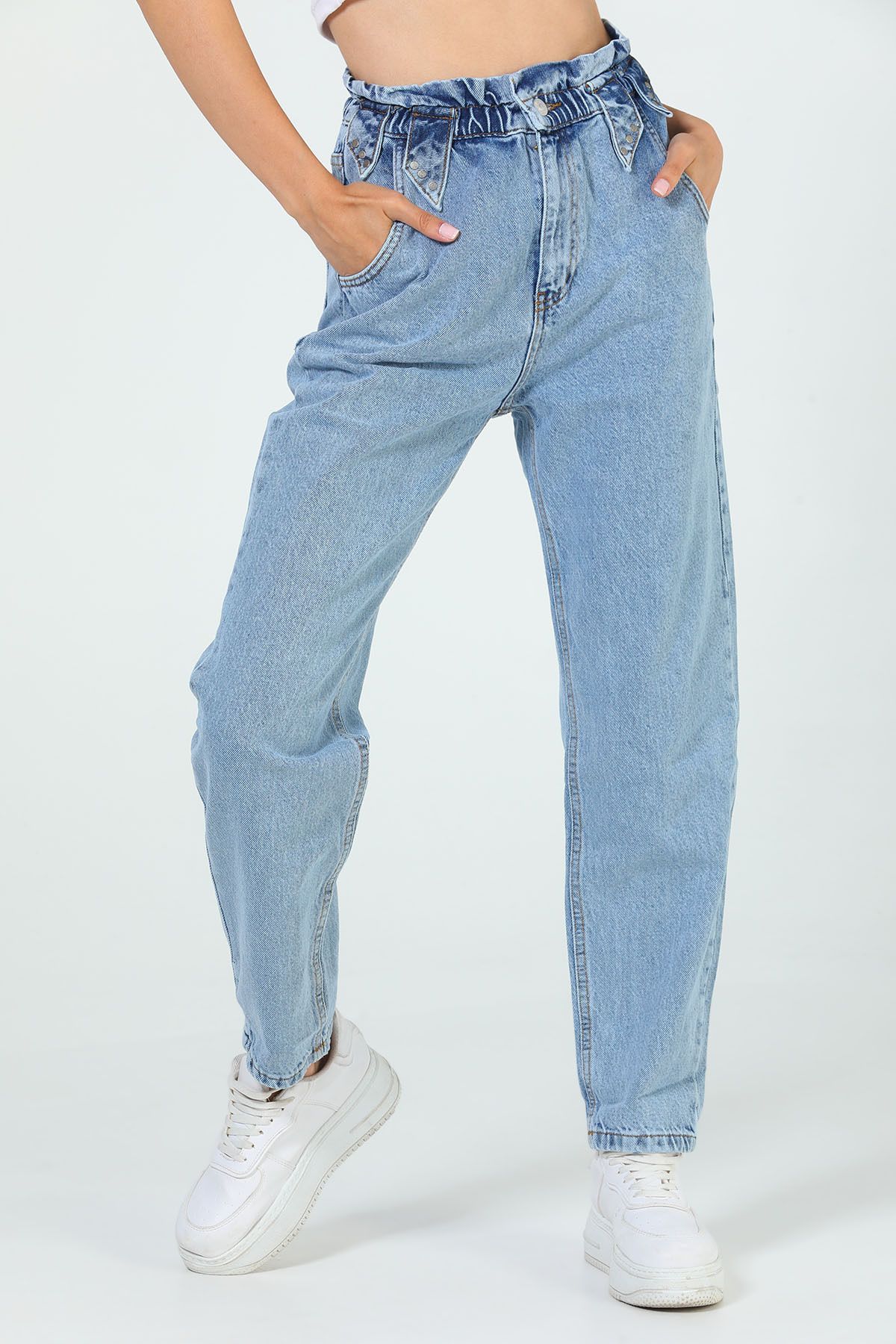Julude Açıkmavi Kadın Bel Büzgülü Yüksek Bel Jeans Pantolon