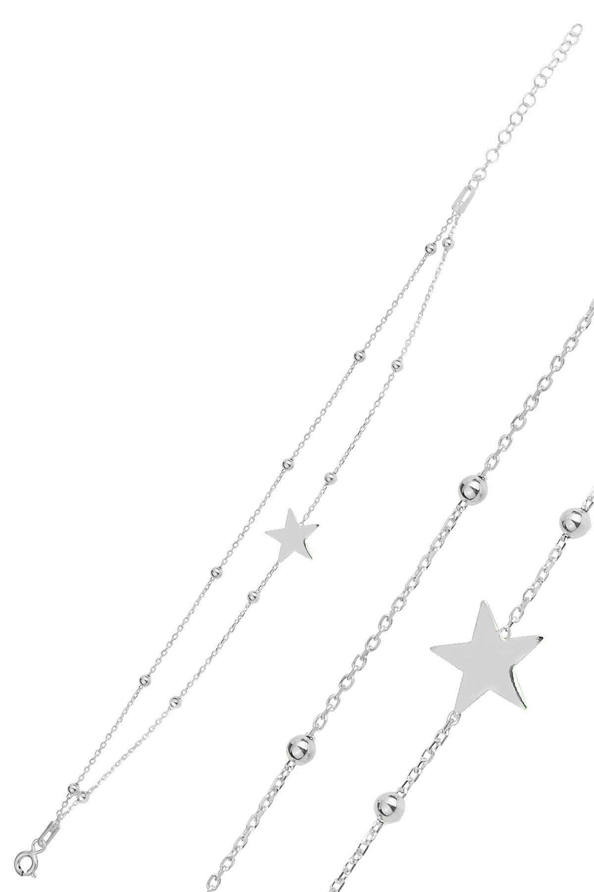 Söğütlü Silver Gümüş rodaj top top çift zincirli yıldız bileklik SGTL12277RODAJ