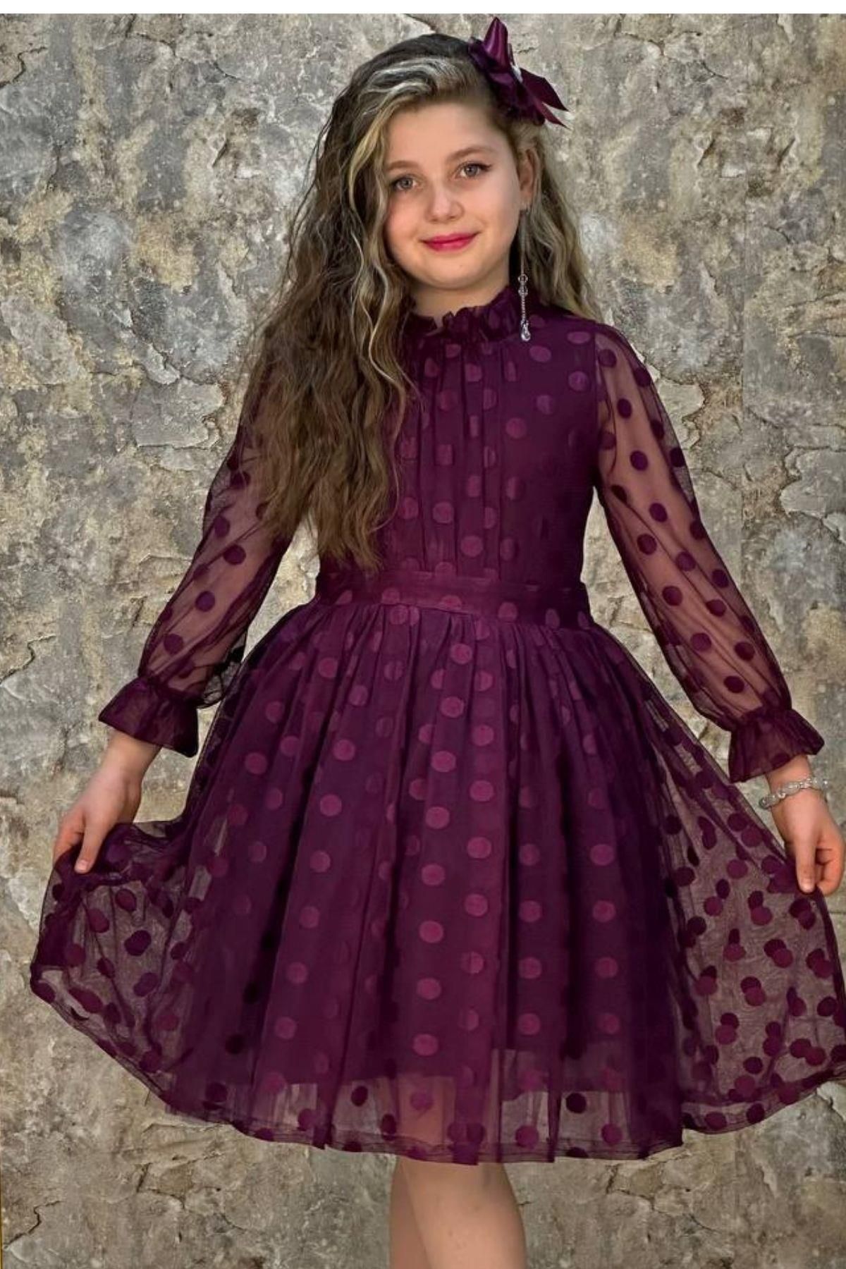 Riccotarz Kız Çocuk Kolları Transparan, Puantiyeli ve Kuşak Detaylı Mor Elbise