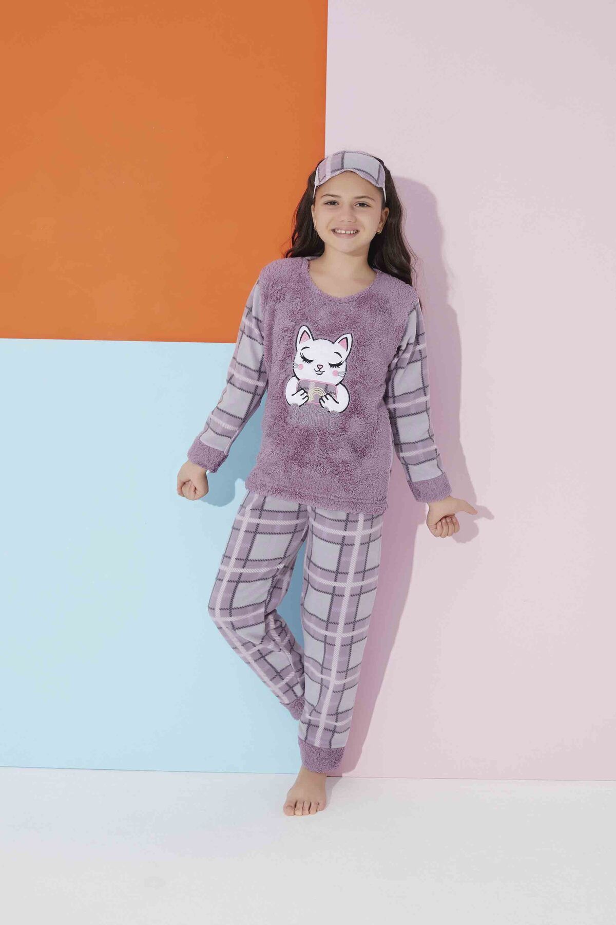 Tarık Kız Genç VE Çocuk Ekose Kedi Desenli Uzun Kollu Polar Peluş Kumaş Kışlık Sıcak Tutan Pijama Takımı