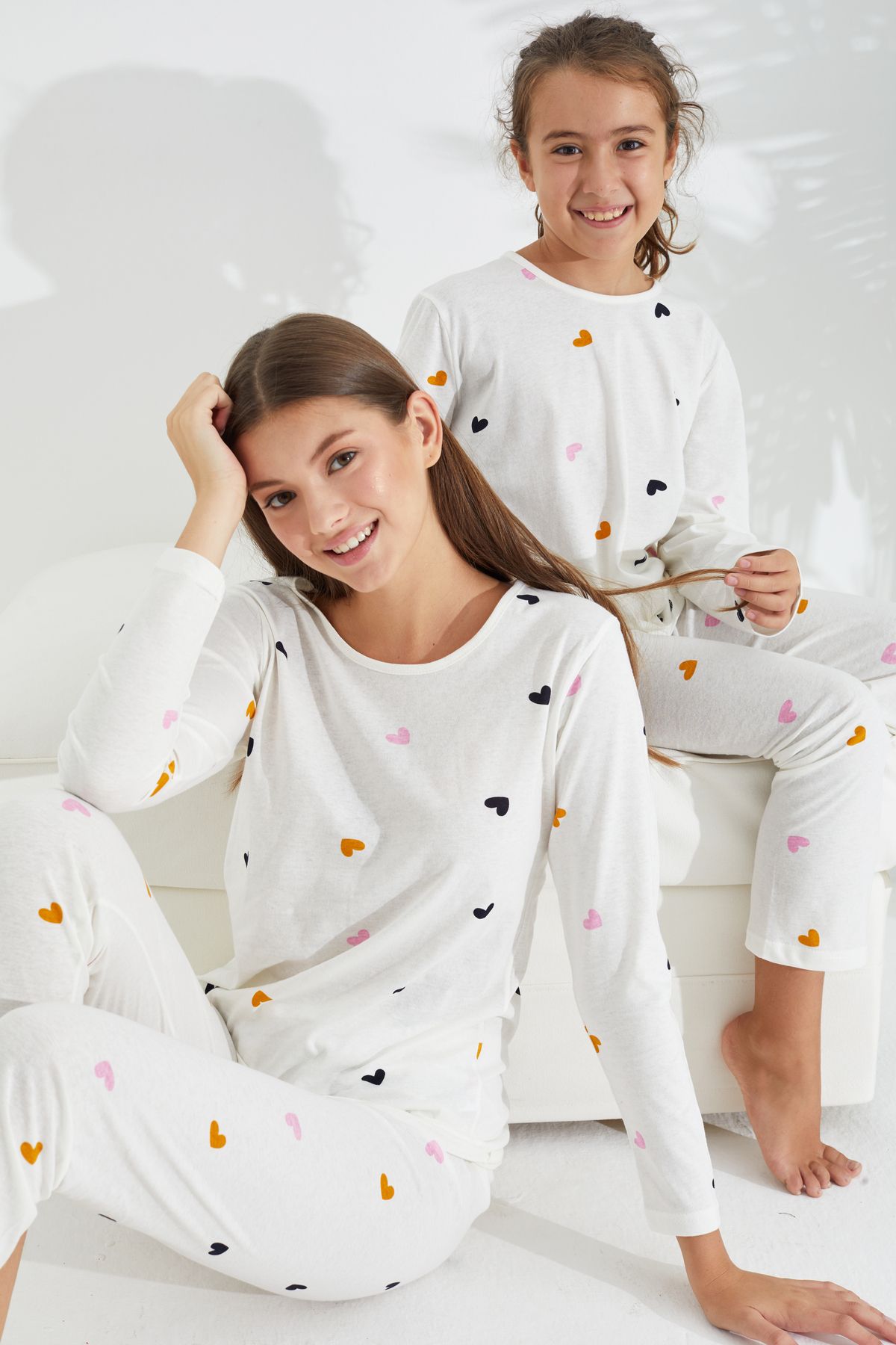 Siyah İnci beyaz renkli kalp desenli Pamuklu Pijama Takımı