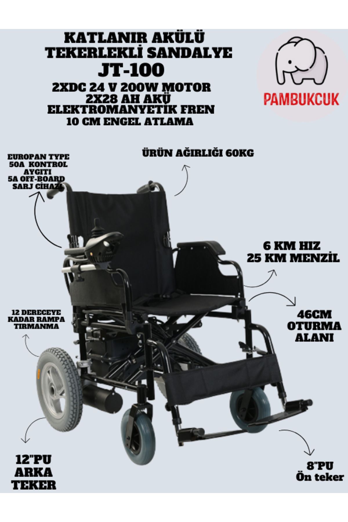 pambukcuk Standart Katlanabilir Akülü Tekerlekli Sandalye JT-100