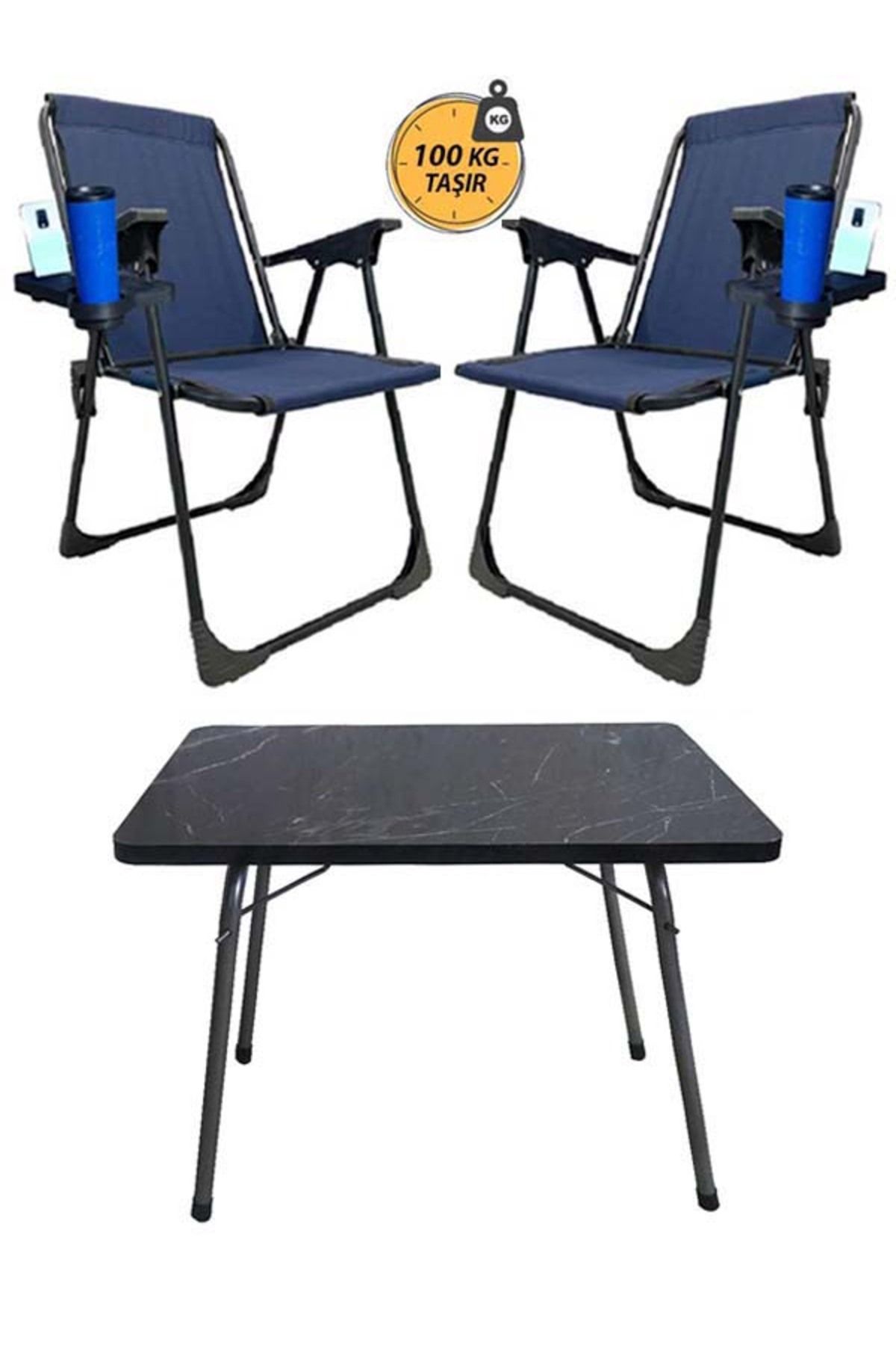 kampseti 2 Adet Katlanır Kamp Sandalye ve Masa Seti-Taşınabilir Piknik Bahçe Sandalyesi-Masası