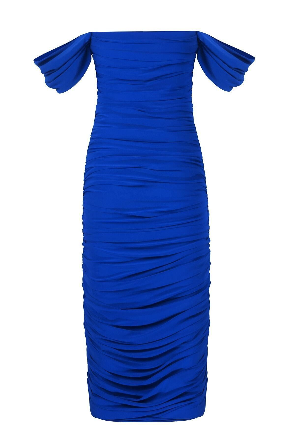 by eymen design Kadın Saks Mavisi Düşük Kol Büzgülü Drapeli Midi Elbise