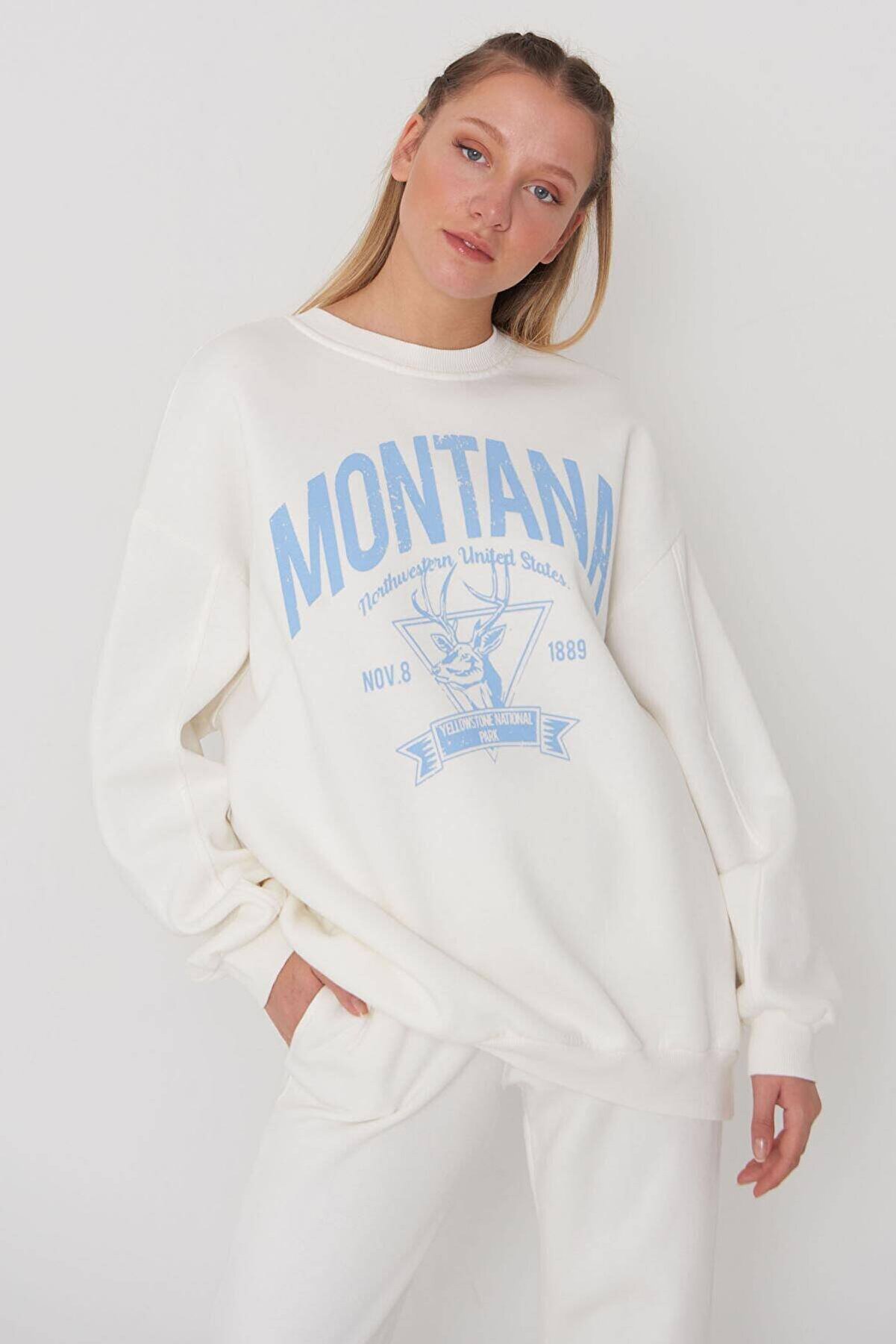 Addax Montana Baskılı Oversize Sweatshirt S1097