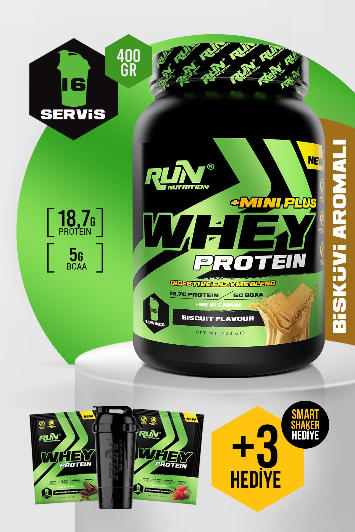 Run Nutrition Whey Protein Mini Plus Bisküvi Aromalı - 400g - 16 Servis - Hediyeli