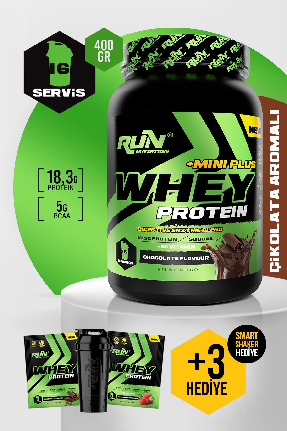 Run Nutrition Whey Protein Mini Plus Çikolata Aromalı - 400g - 16 Servis - Hediyeli