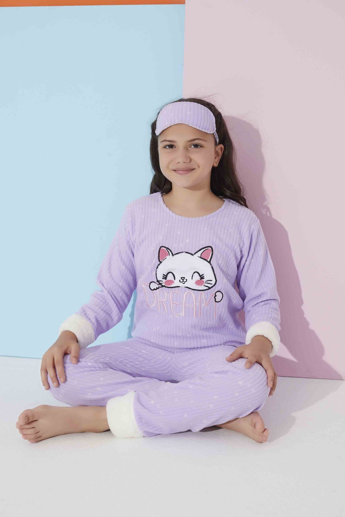 Meba Kız Çocuk Gez Boy Dream Kedi Peluş Polar Pijama Takımı Uyku Bandı